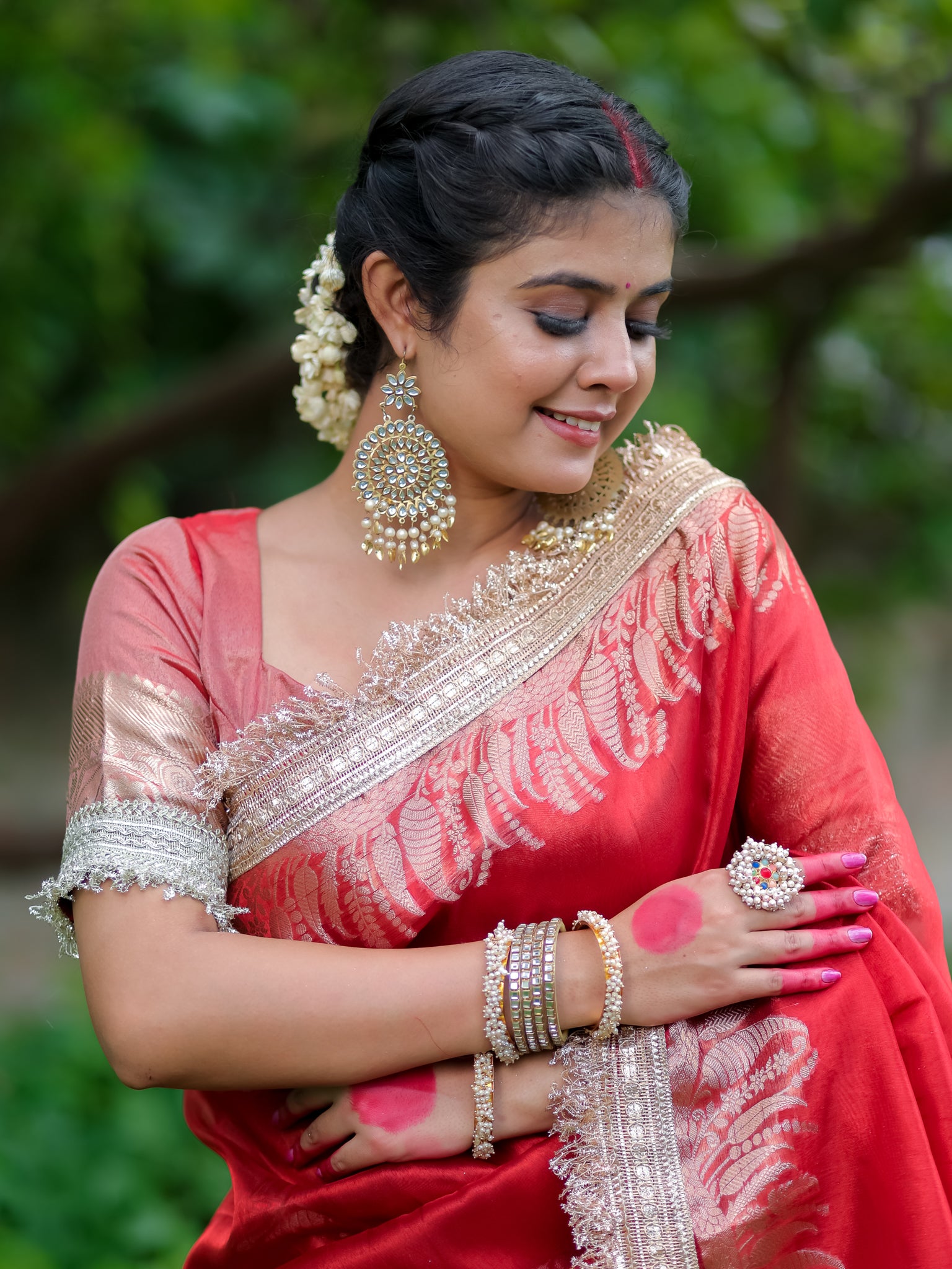Banarasi Tissue Saree With Lace Border - Red
