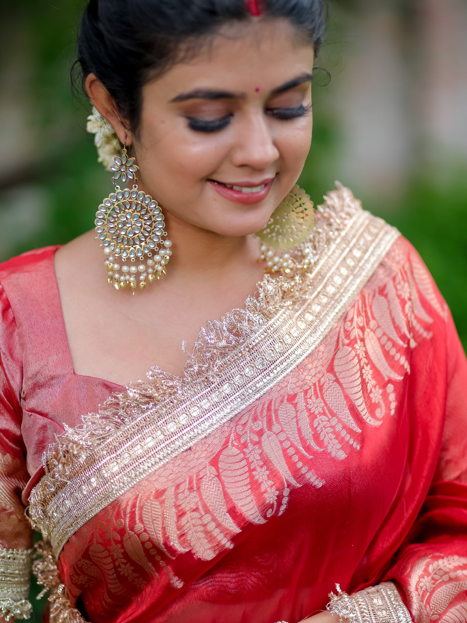 Banarasi Tissue Saree With Lace Border - Red