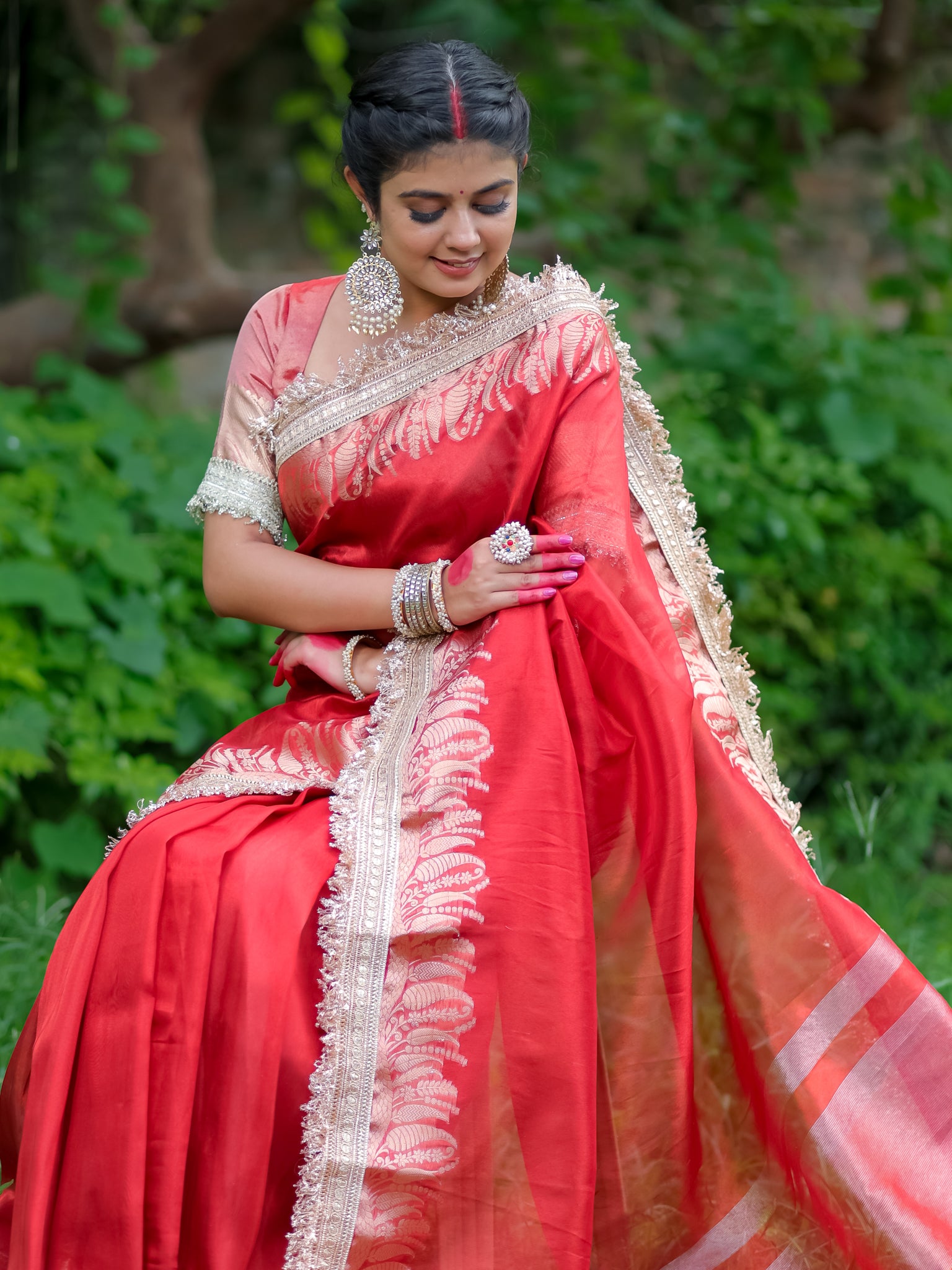 Banarasi Tissue Saree With Lace Border - Red