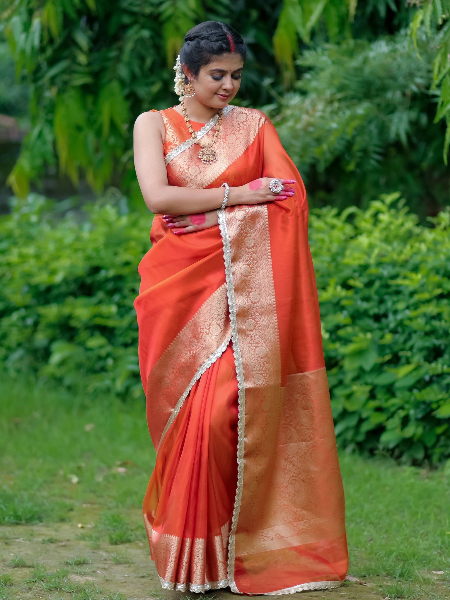 Banarasi Tissue Saree With Lace Border - Orange