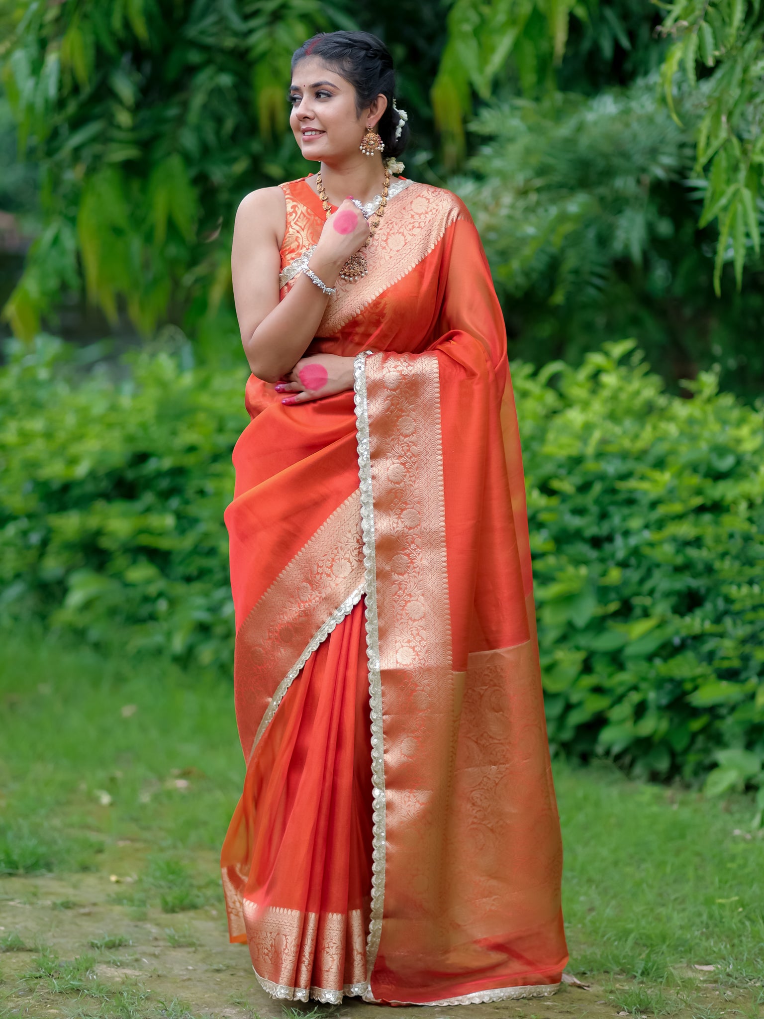 Banarasi Tissue Saree With Lace Border - Orange