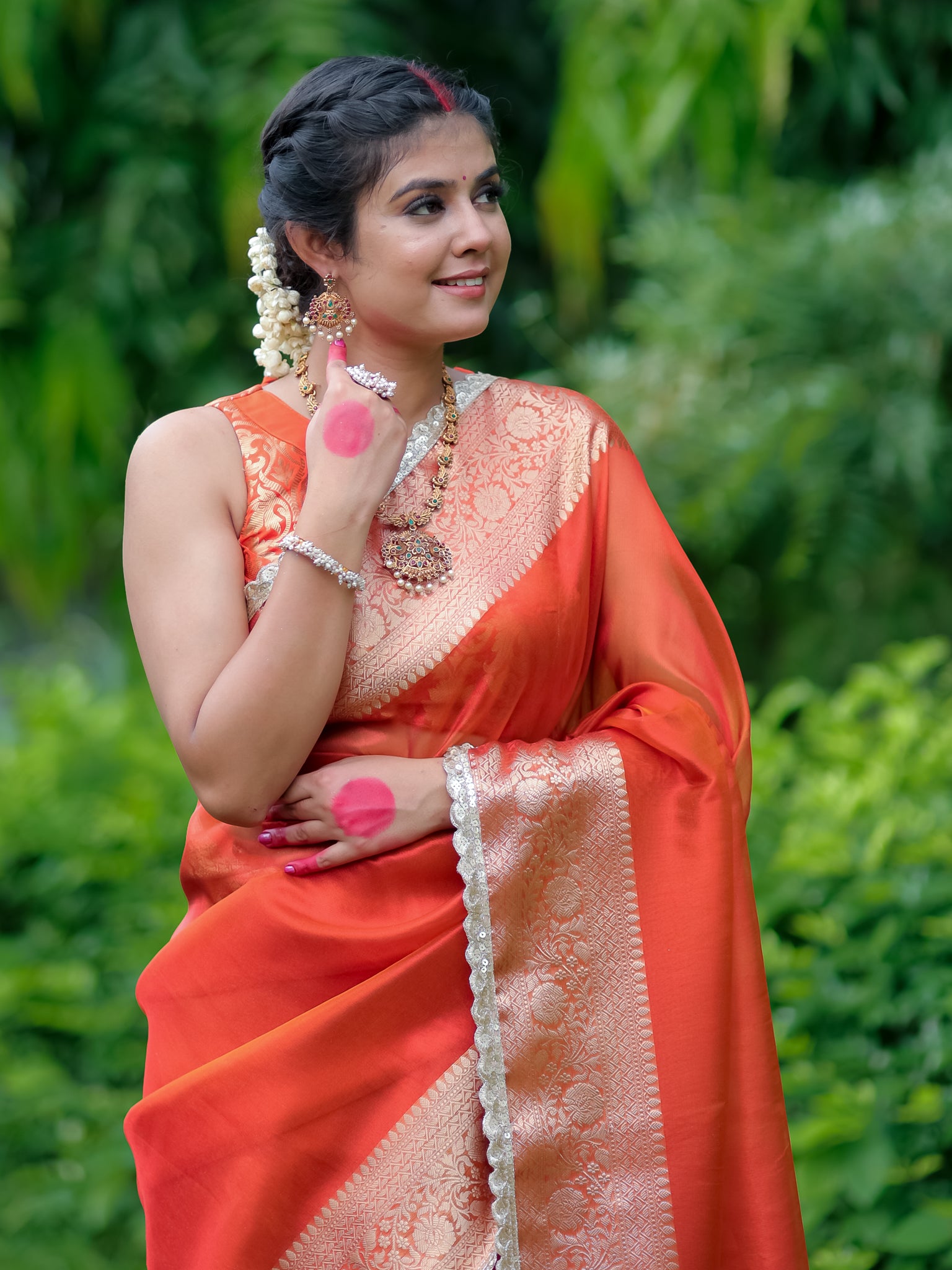 Banarasi Tissue Saree With Lace Border - Orange