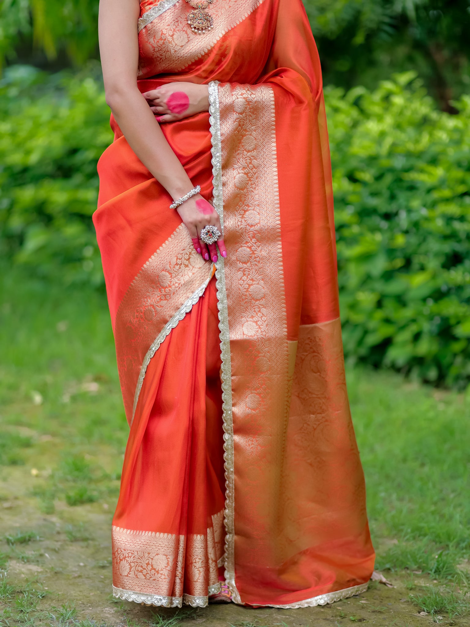 Banarasi Tissue Saree With Lace Border - Orange