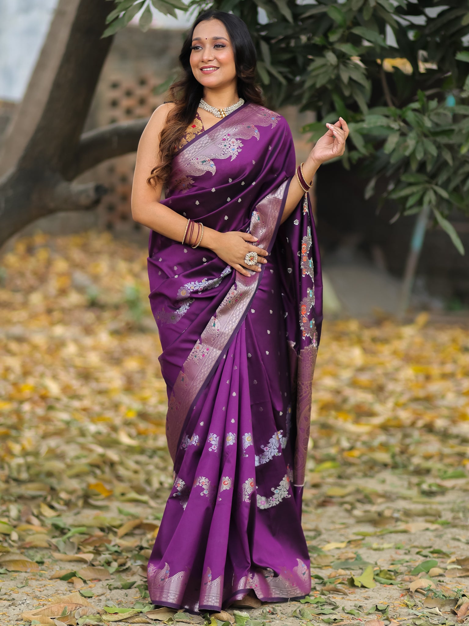 Banarasi Semi Katan Silk Saree With Border- Wine