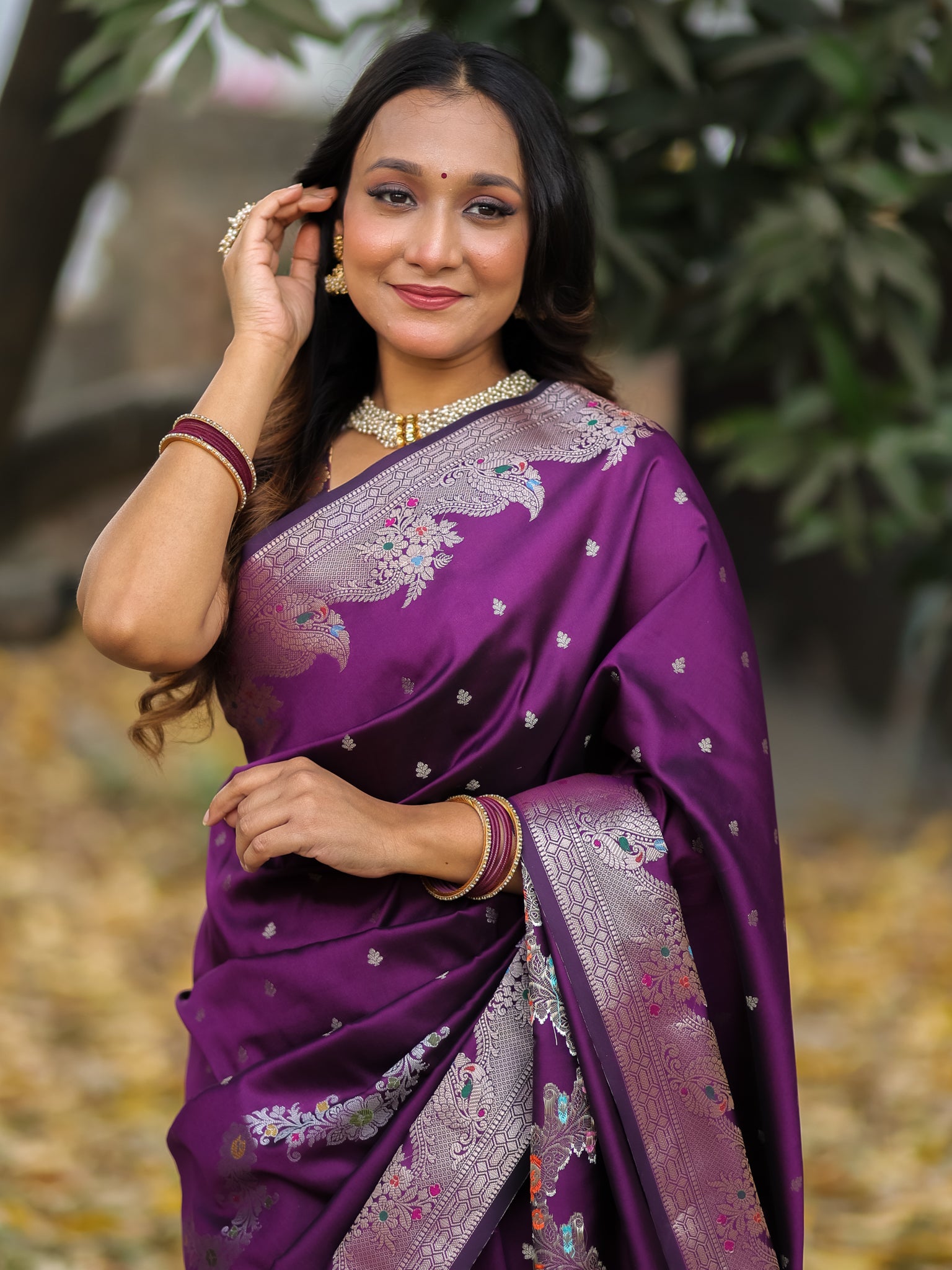 Banarasi Semi Katan Silk Saree With Border- Wine