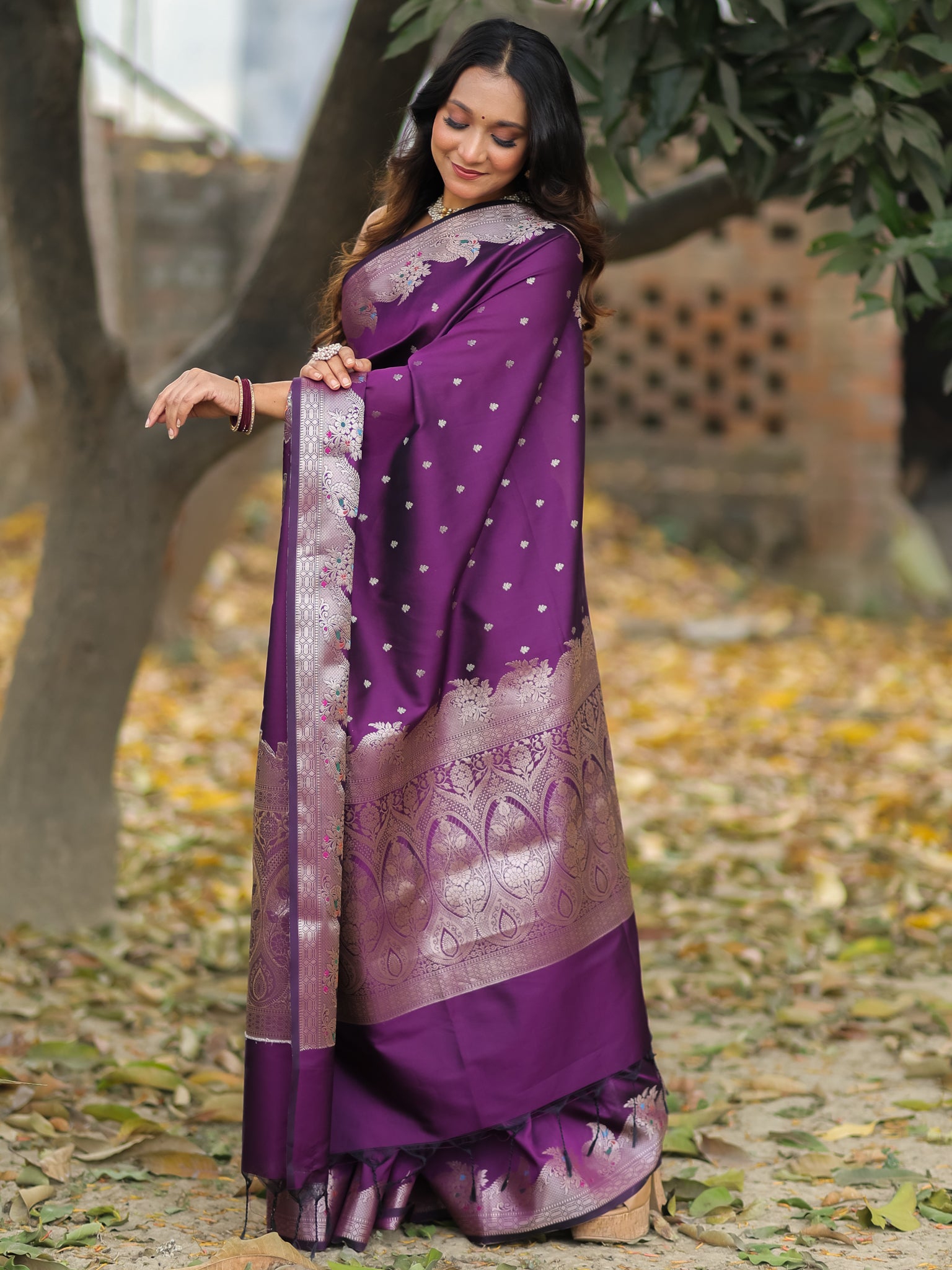 Banarasi Semi Katan Silk Saree With Border- Wine