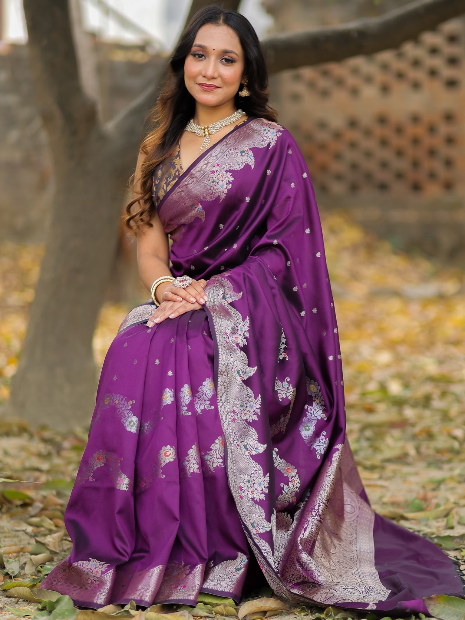 Banarasi Semi Katan Silk Saree With Border- Wine