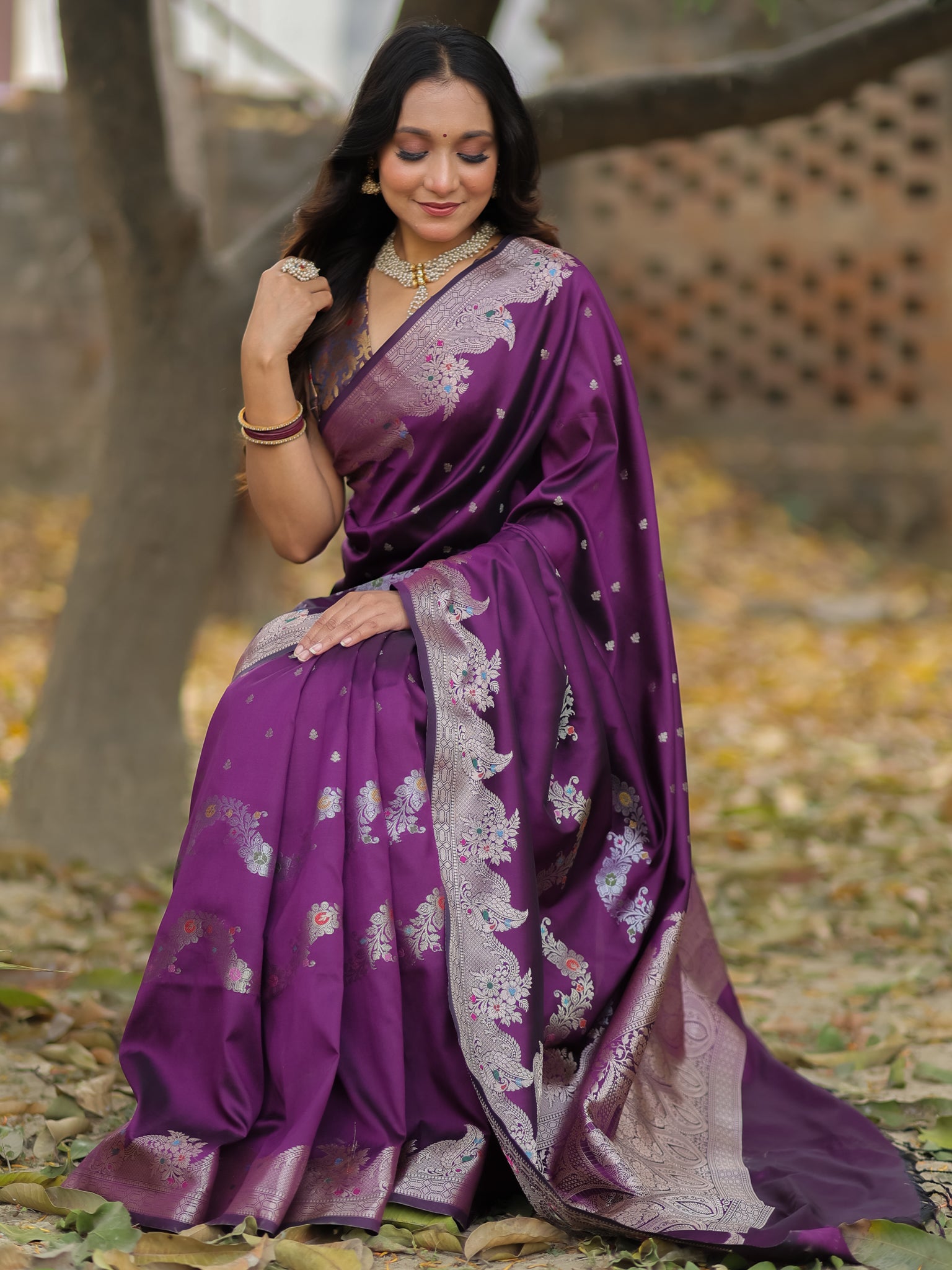 Banarasi Semi Katan Silk Saree With Border- Wine