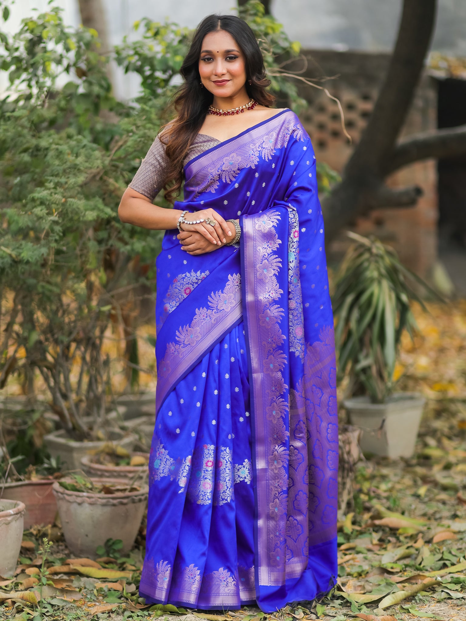 Banarasi Semi Katan Silk Saree With Border- Blue