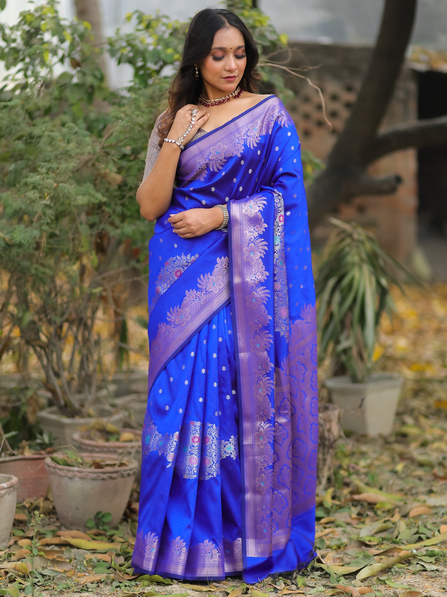 Banarasi Semi Katan Silk Saree With Border- Blue