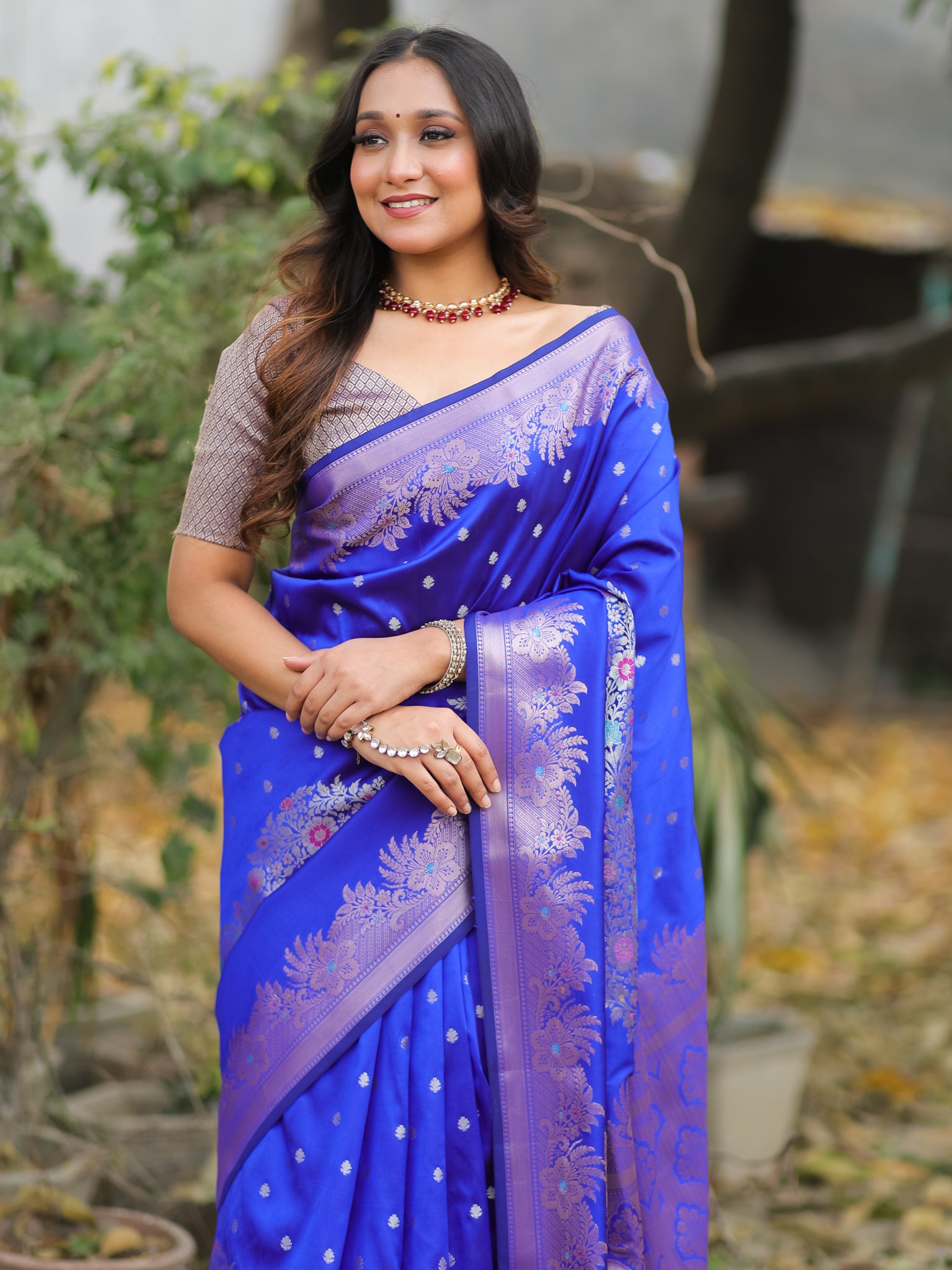 Banarasi Semi Katan Silk Saree With Border- Blue