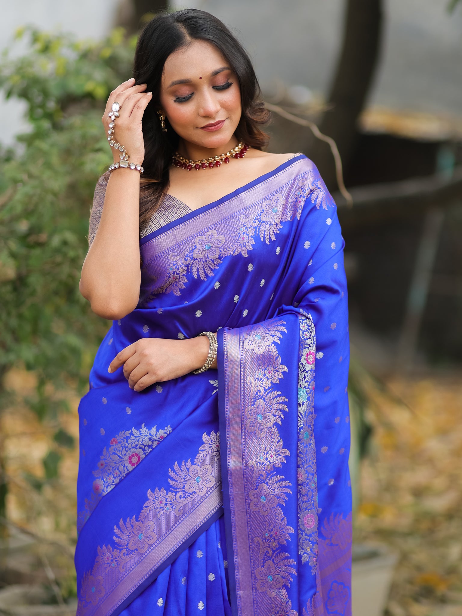 Banarasi Semi Katan Silk Saree With Border- Blue