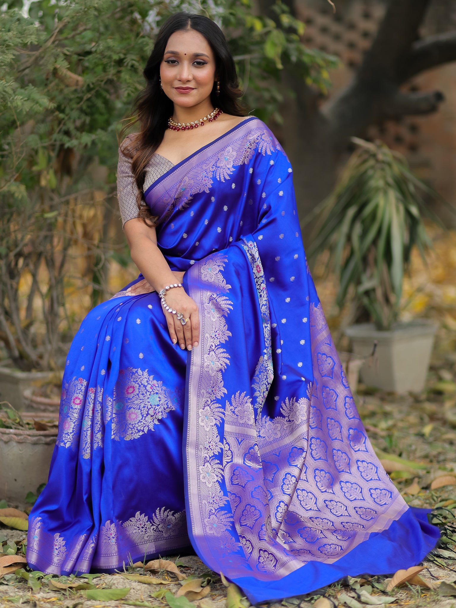 Banarasi Semi Katan Silk Saree With Border- Blue