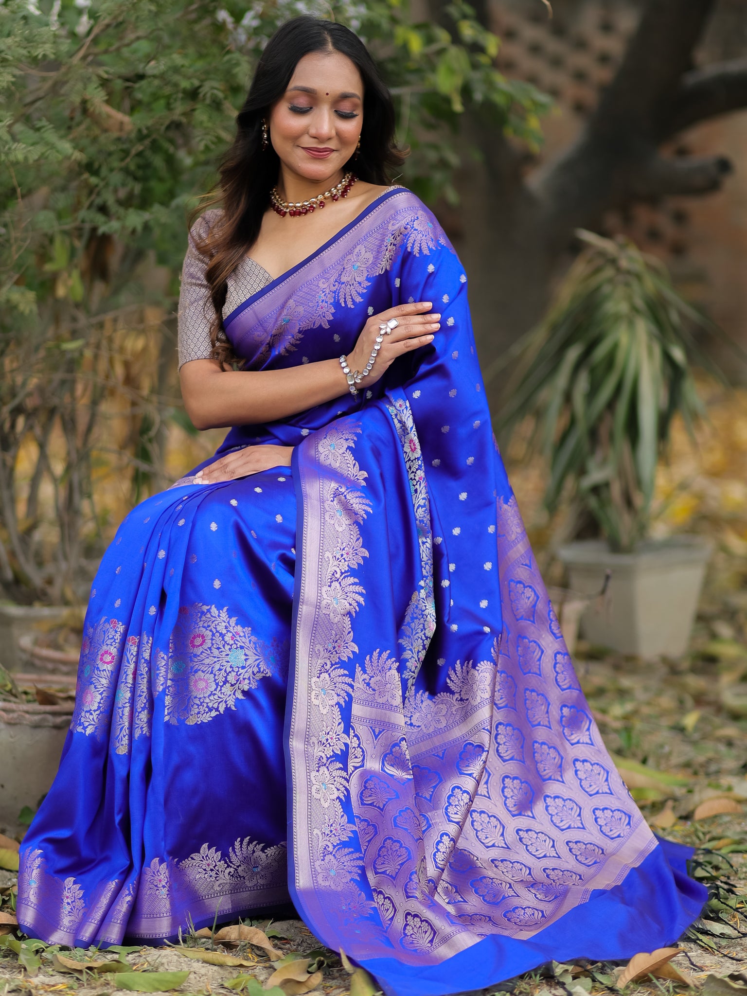 Banarasi Semi Katan Silk Saree With Border- Blue