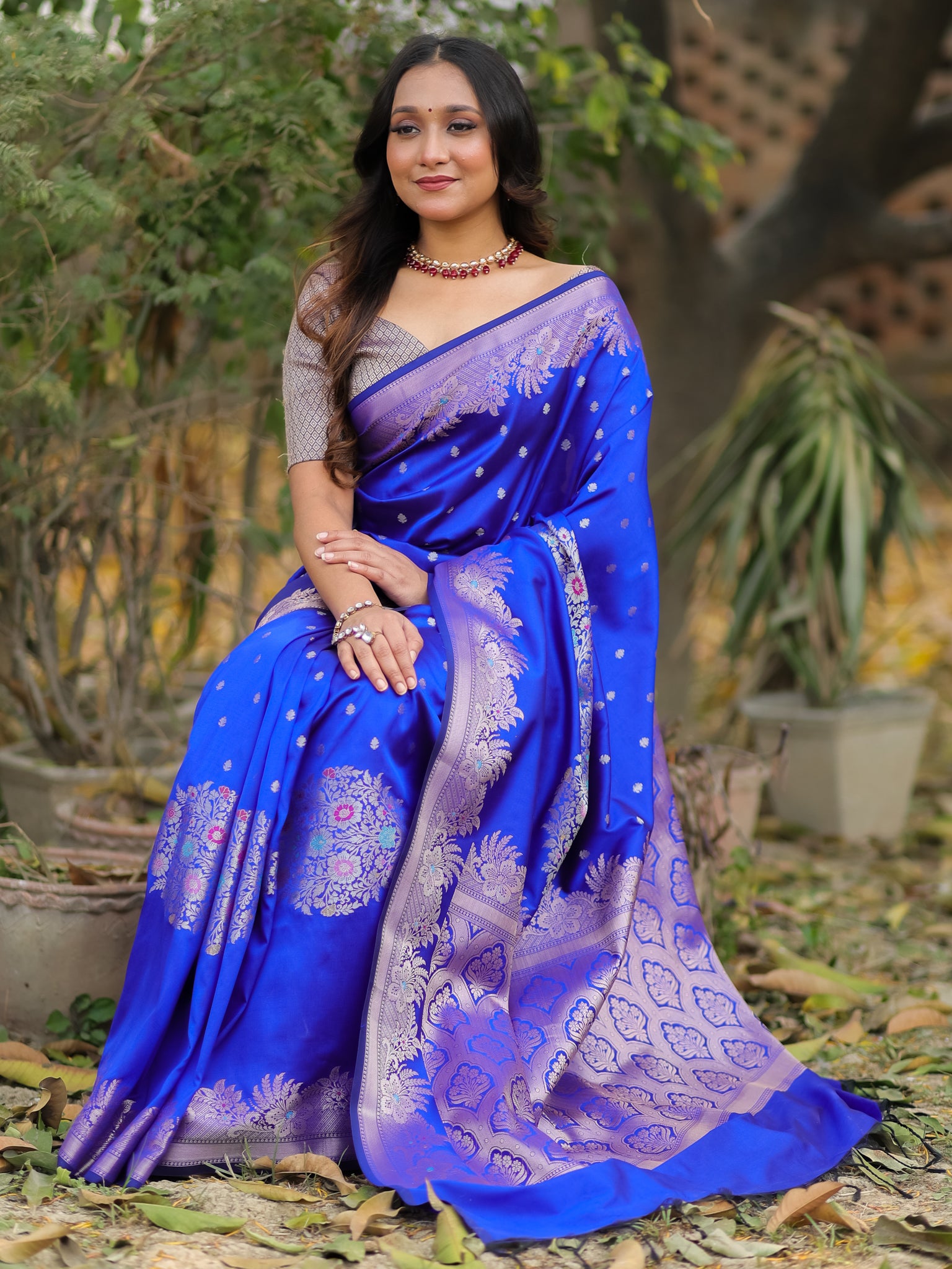 Banarasi Semi Katan Silk Saree With Border- Blue