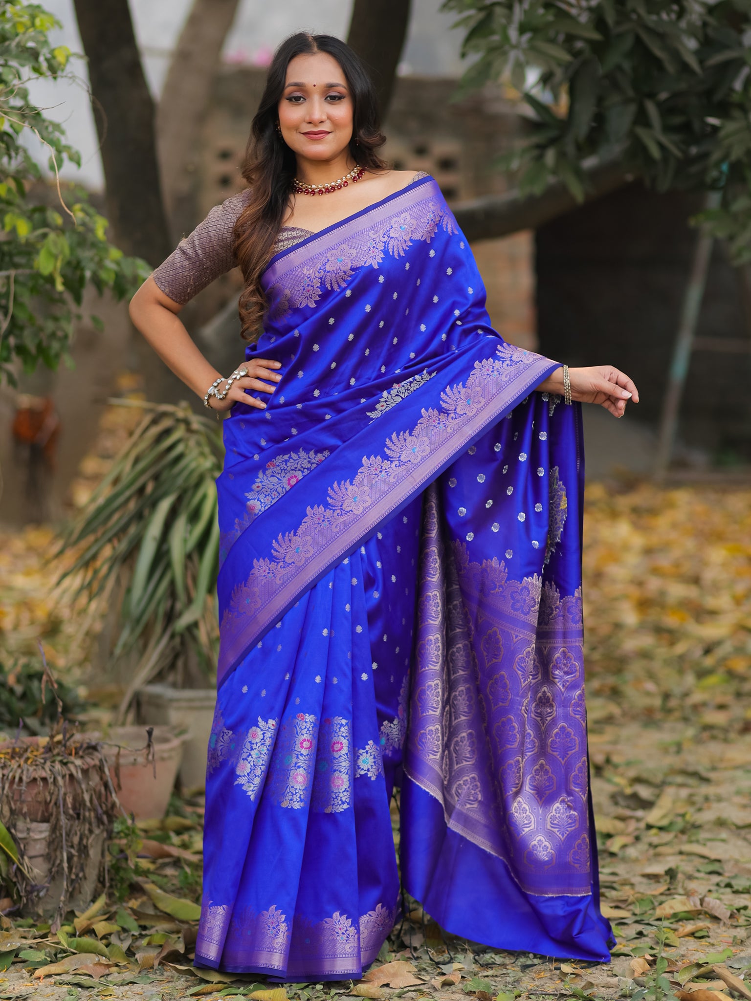 Banarasi Semi Katan Silk Saree With Border- Blue