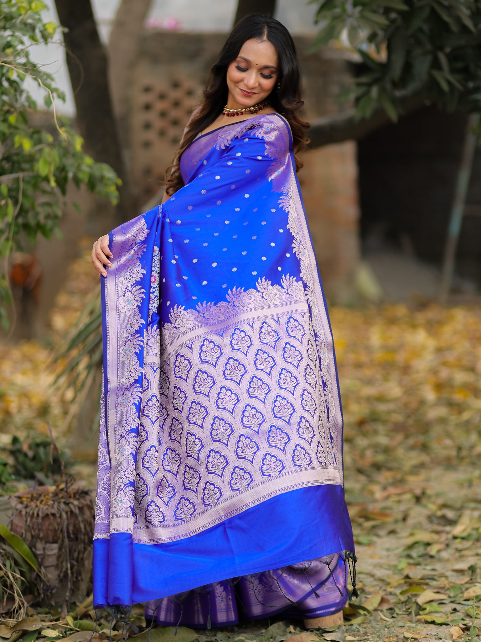 Banarasi Semi Katan Silk Saree With Border- Blue