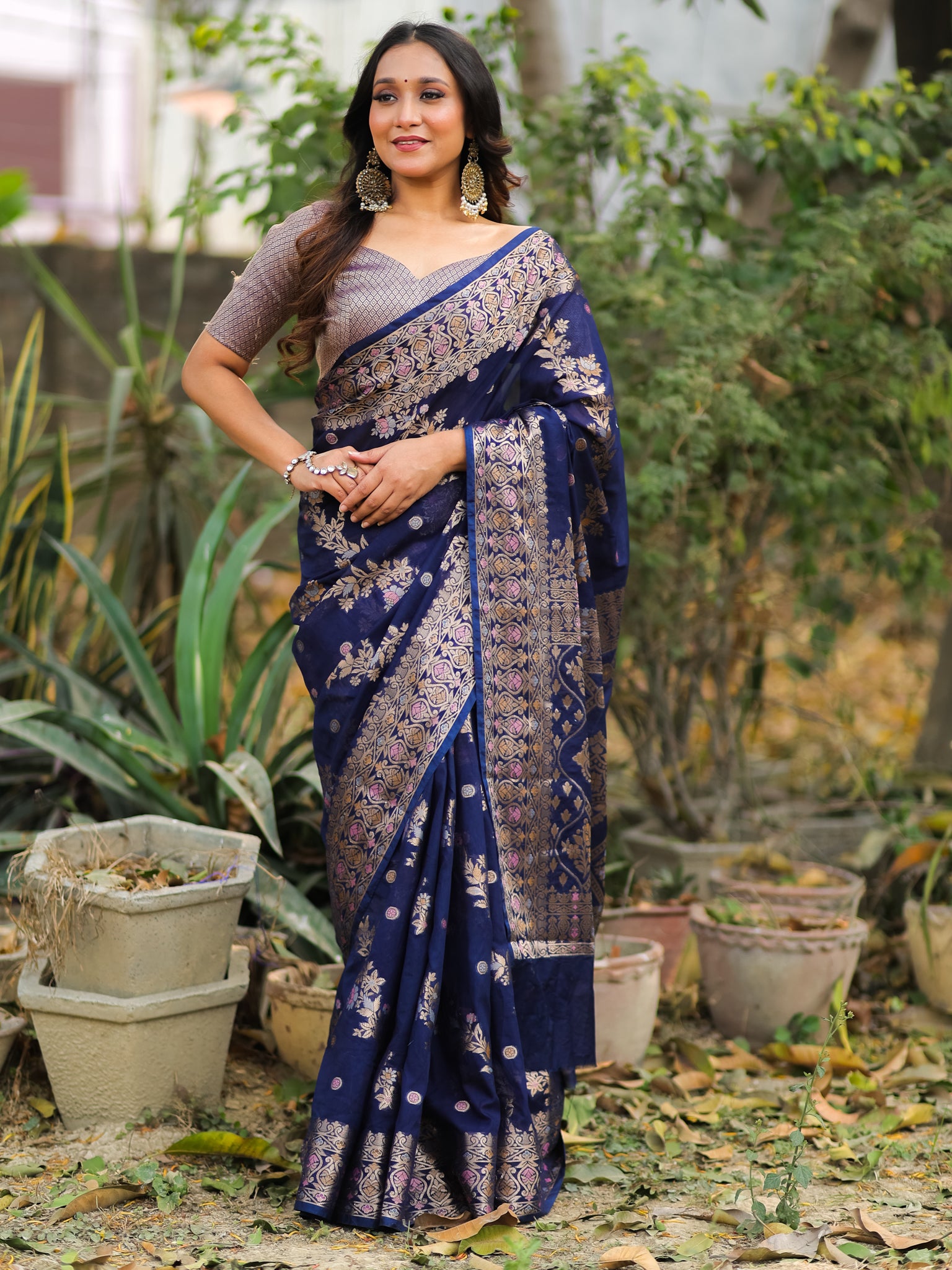 Banarasi Soft Cotton Saree with Floral Weaving & Border- Blue