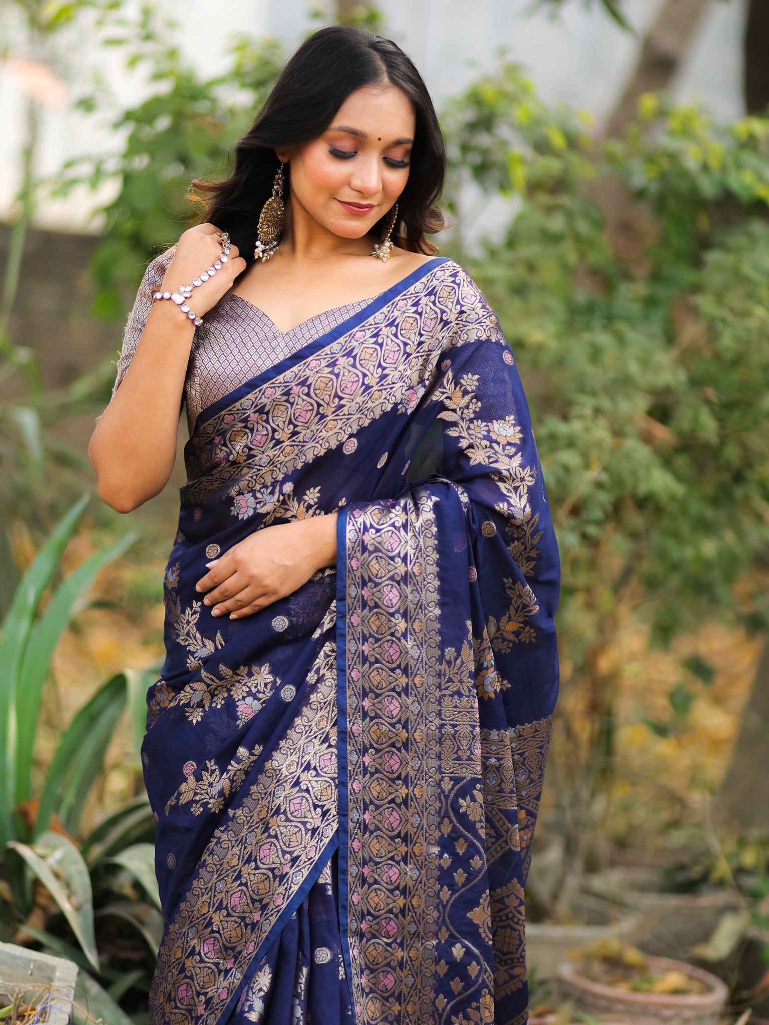 Banarasi Soft Cotton Saree with Floral Weaving & Border- Blue