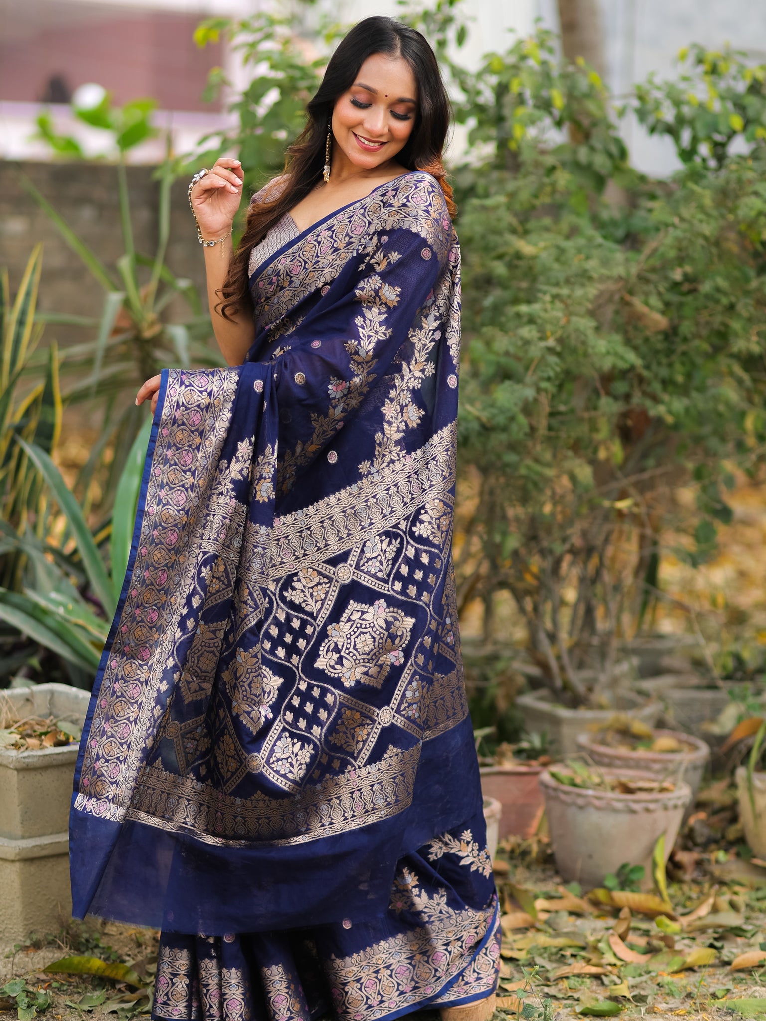 Banarasi Soft Cotton Saree with Floral Weaving & Border- Blue