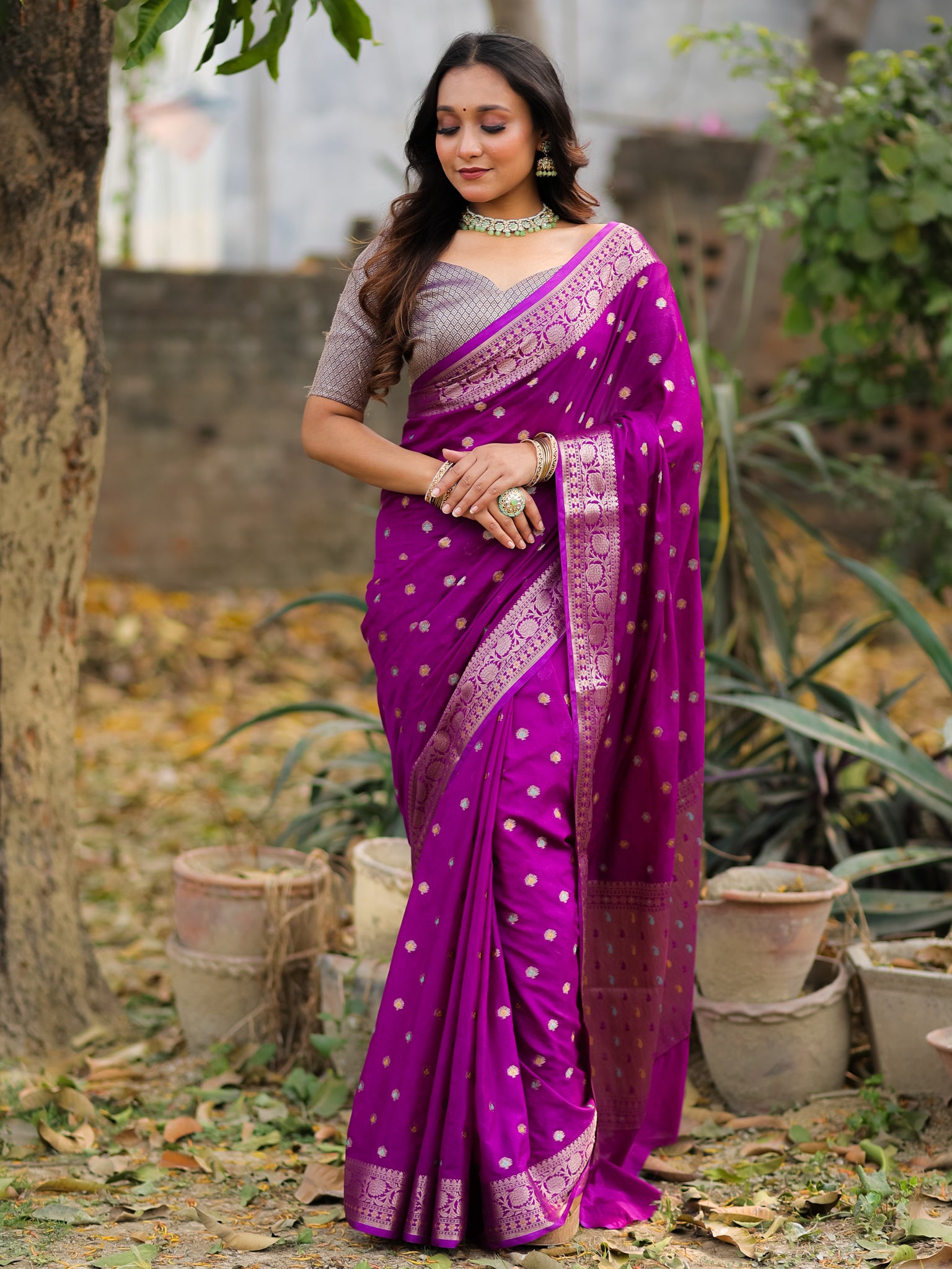 Banarasi Semi Georgette Saree With Resham Weaving- Purple