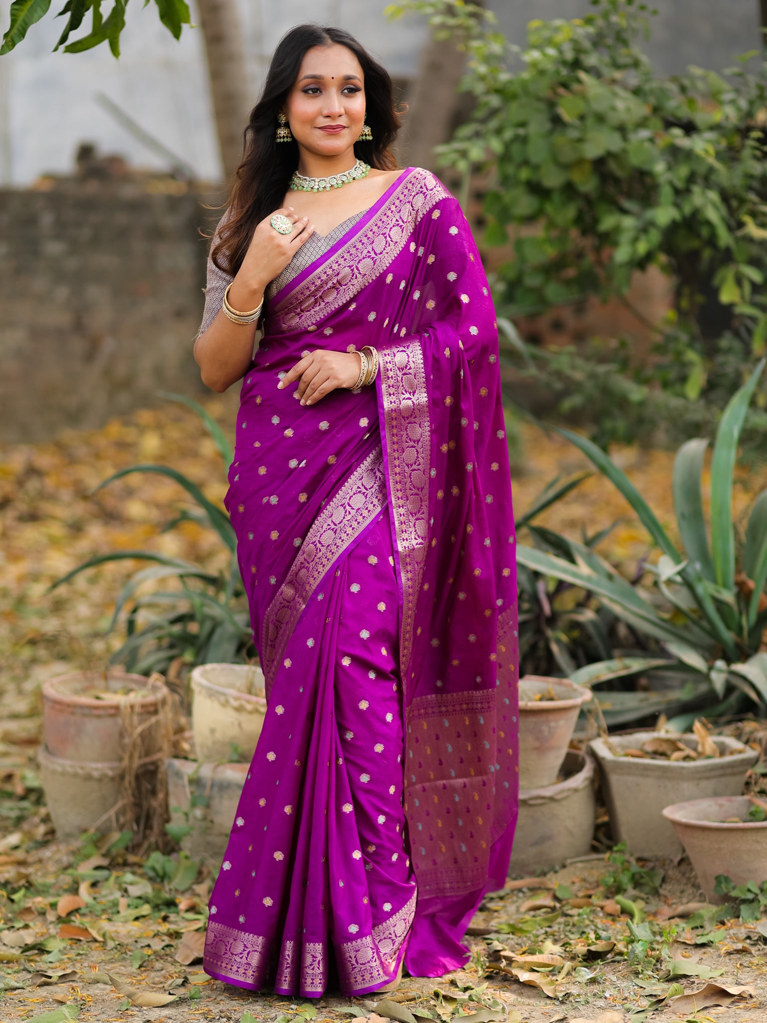 Banarasi Semi Georgette Saree With Resham Weaving- Purple