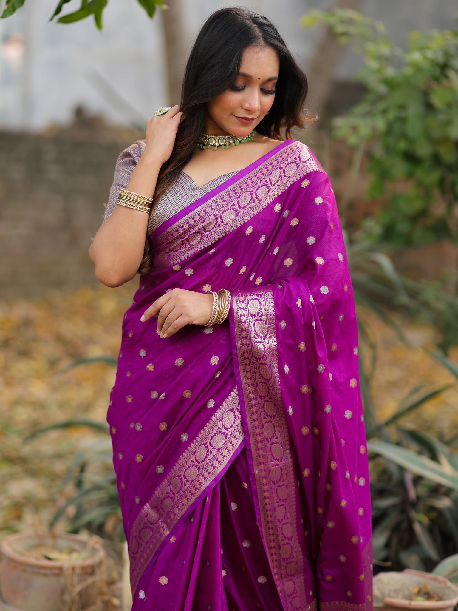 Banarasi Semi Georgette Saree With Resham Weaving- Purple