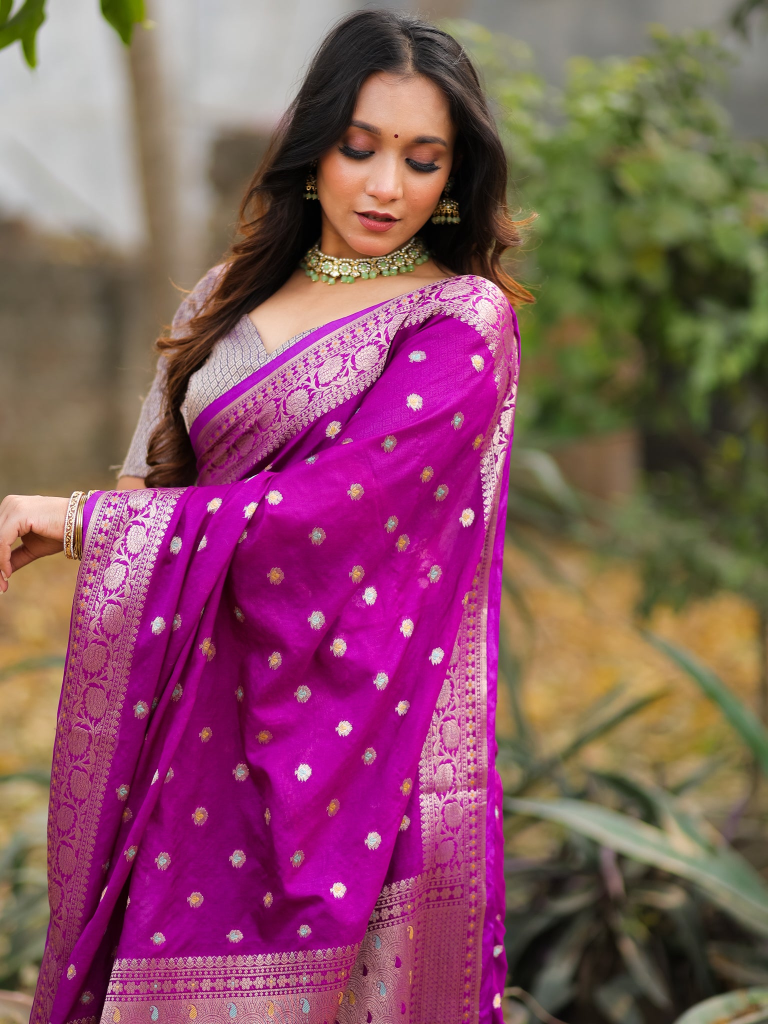 Banarasi Semi Georgette Saree With Resham Weaving- Purple