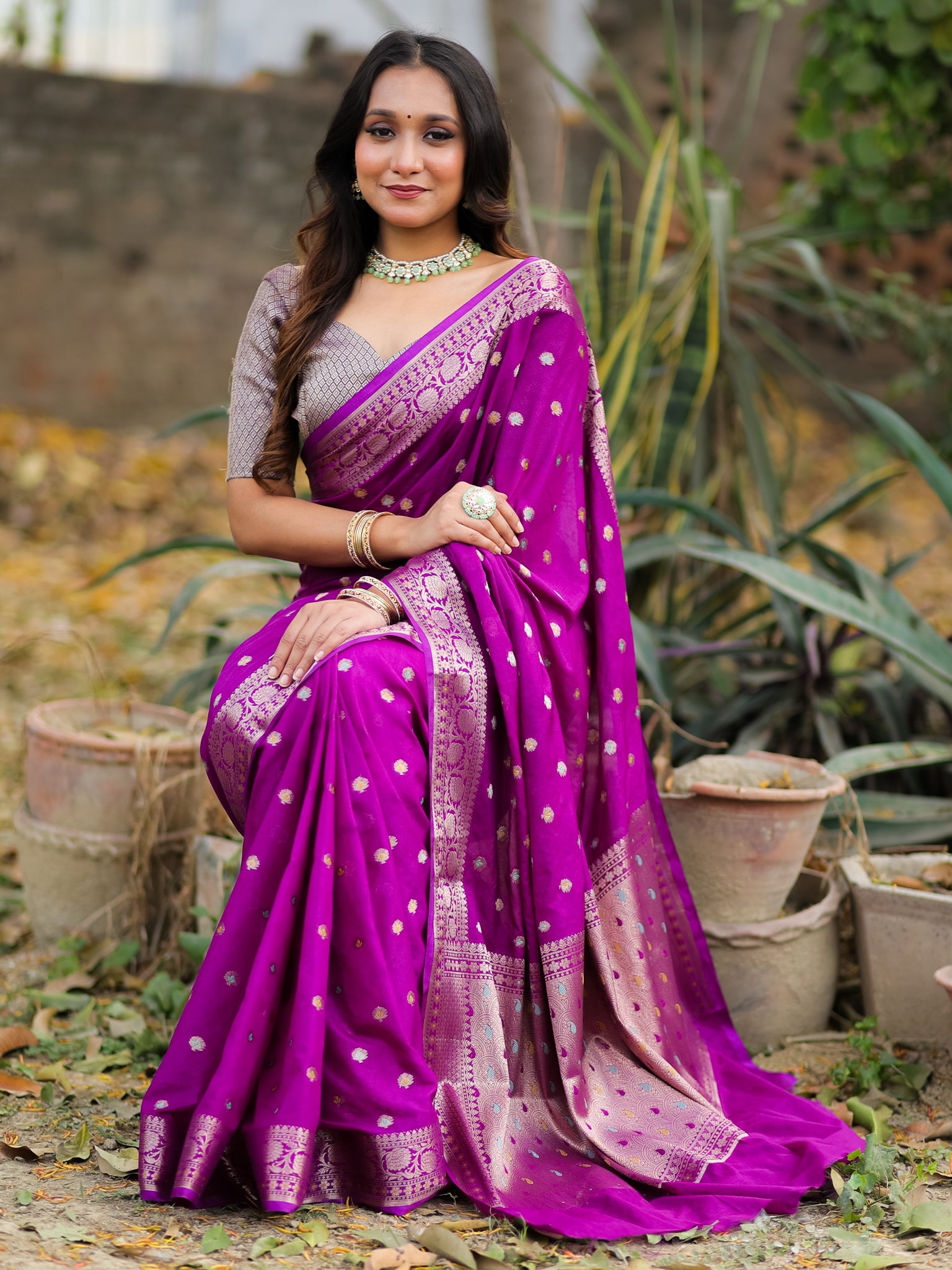 Banarasi Semi Georgette Saree With Resham Weaving- Purple