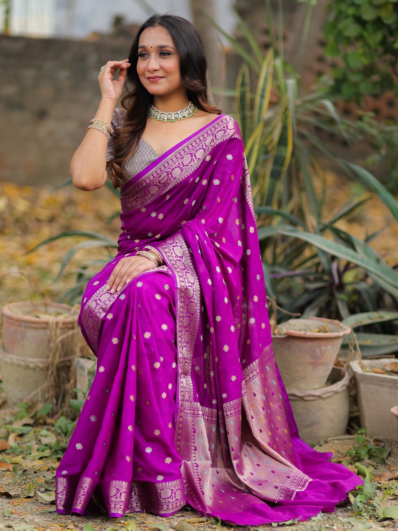 Banarasi Semi Georgette Saree With Resham Weaving- Purple