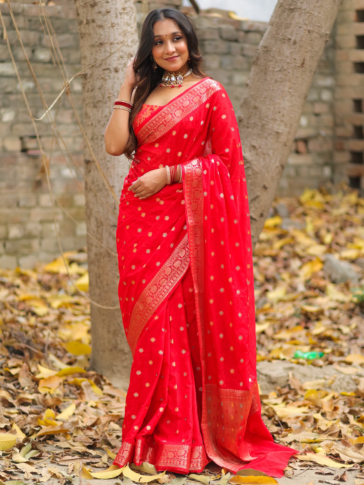 Banarasi Semi Georgette Saree With Resham Weaving-Red