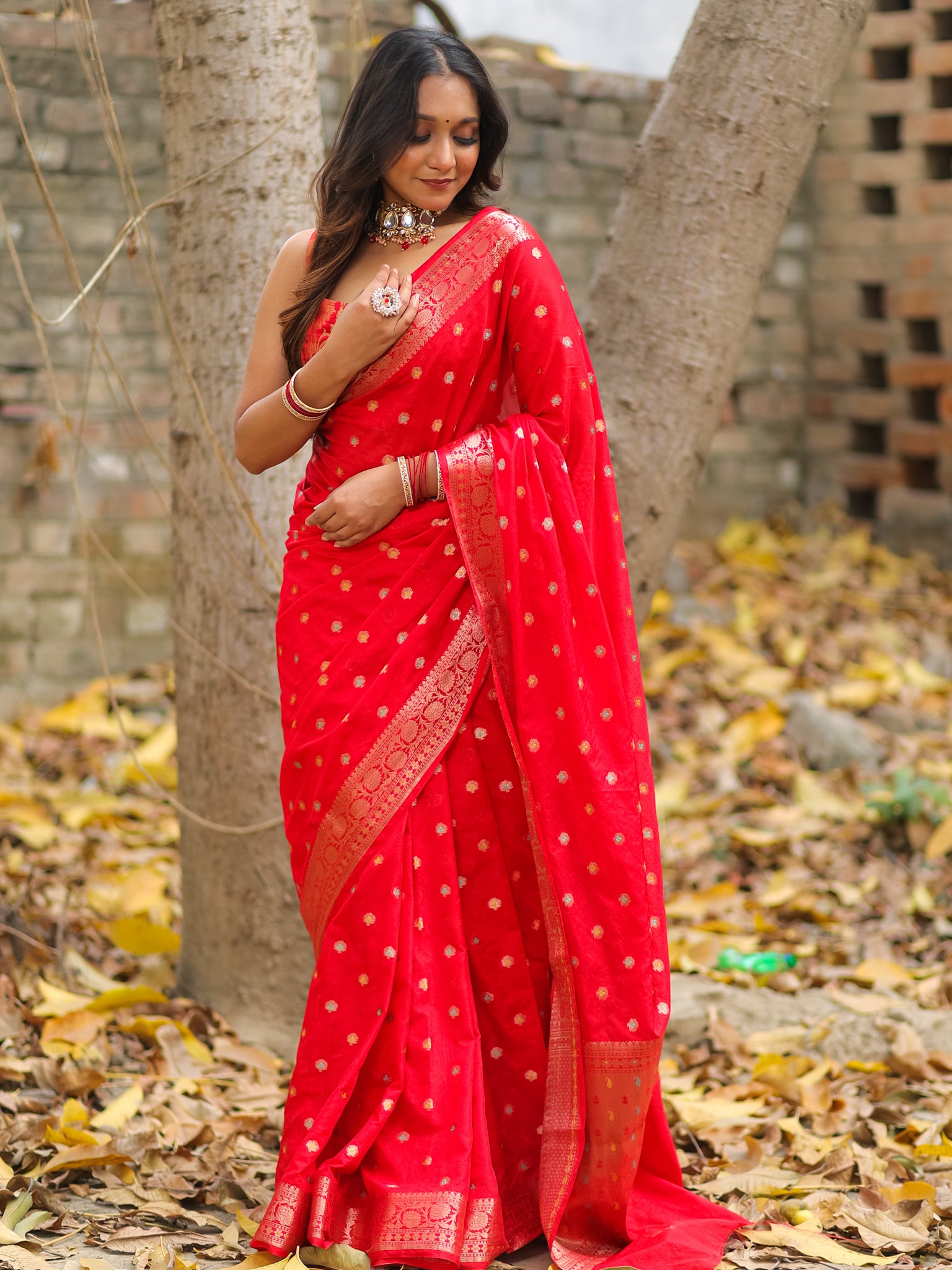 Banarasi Semi Georgette Saree With Resham Weaving-Red