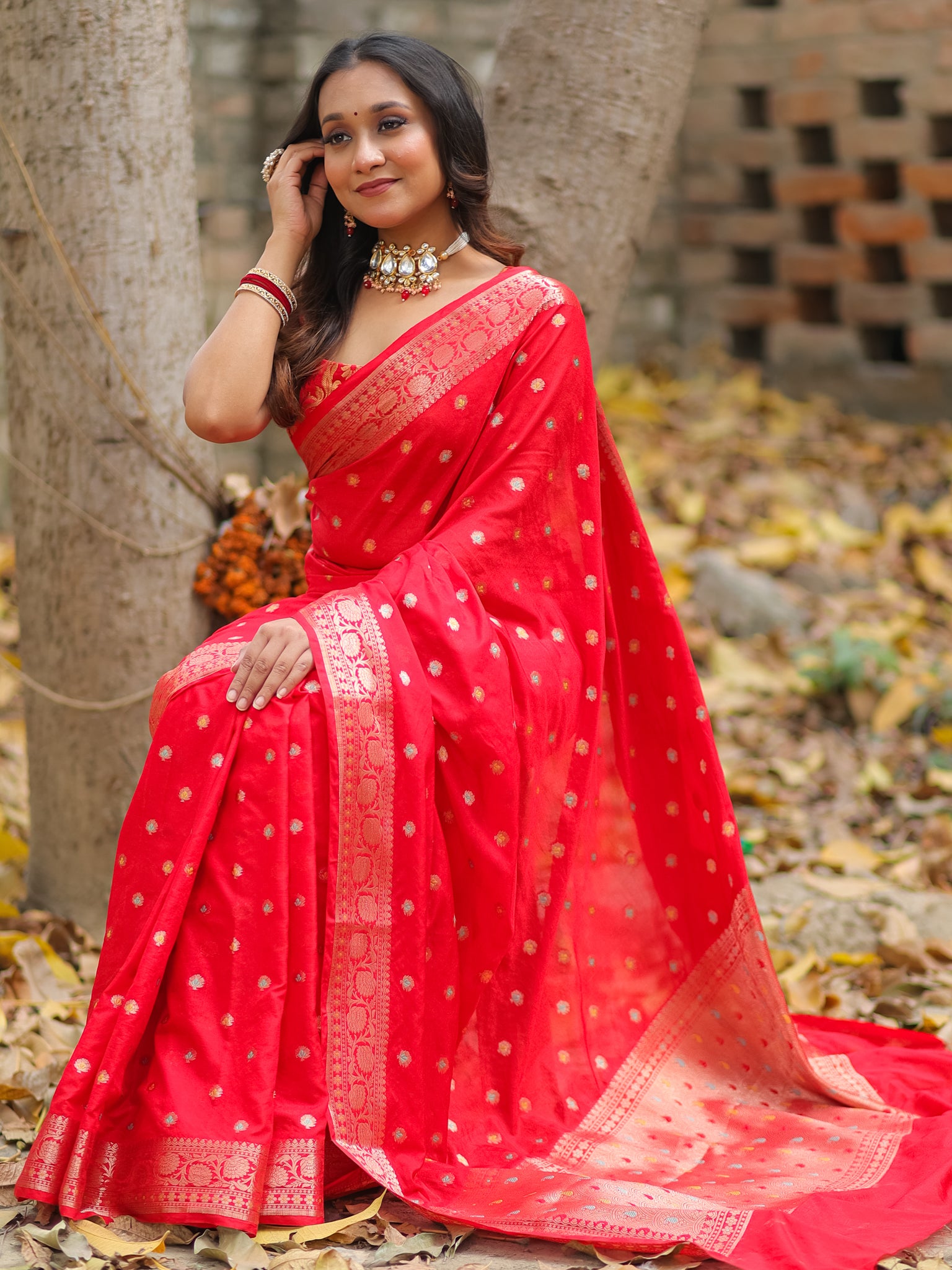 Banarasi Semi Georgette Saree With Resham Weaving-Red