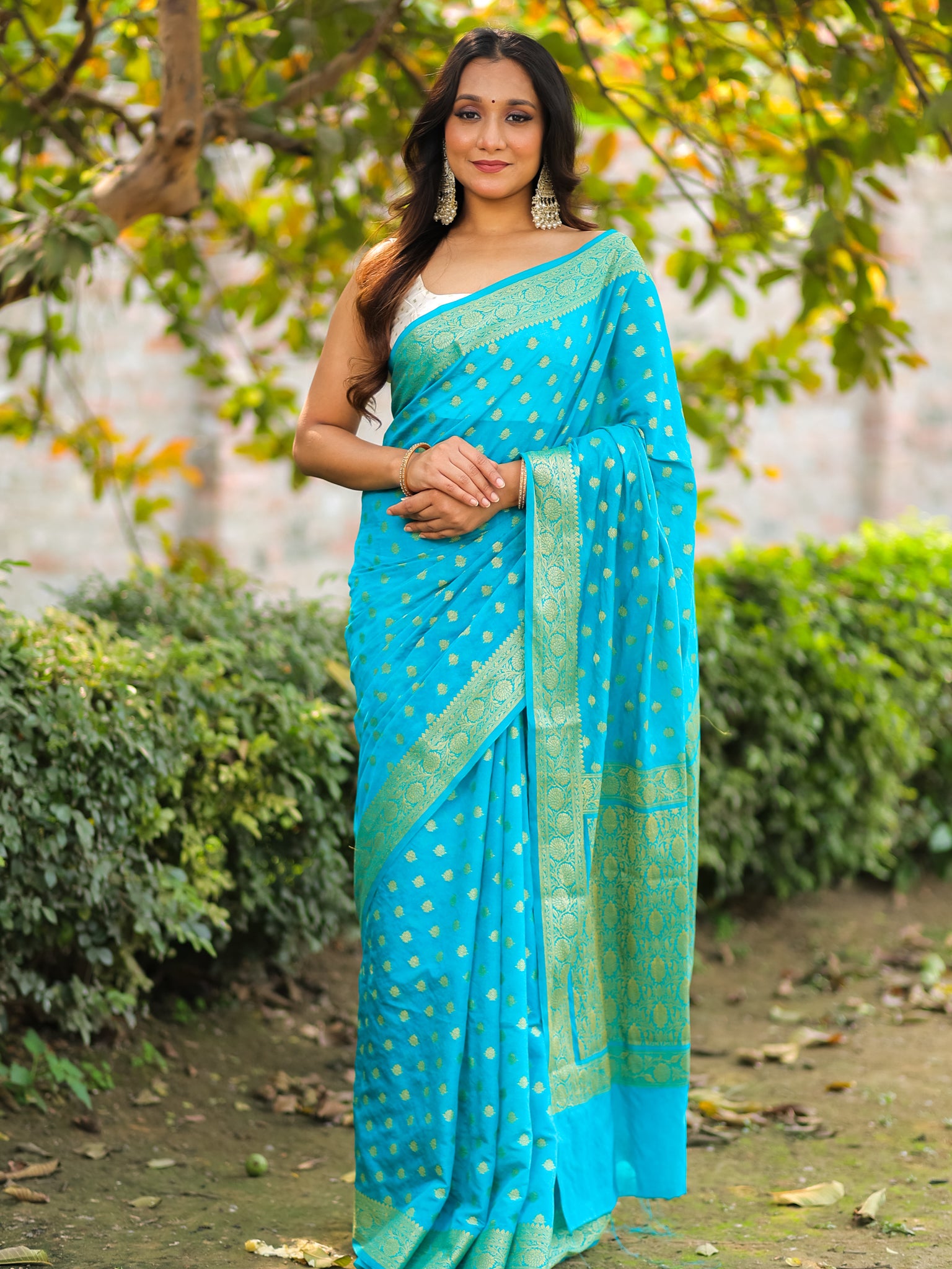 Banarasi Semi Georgette Saree With Resham Weaving- Sky Blue