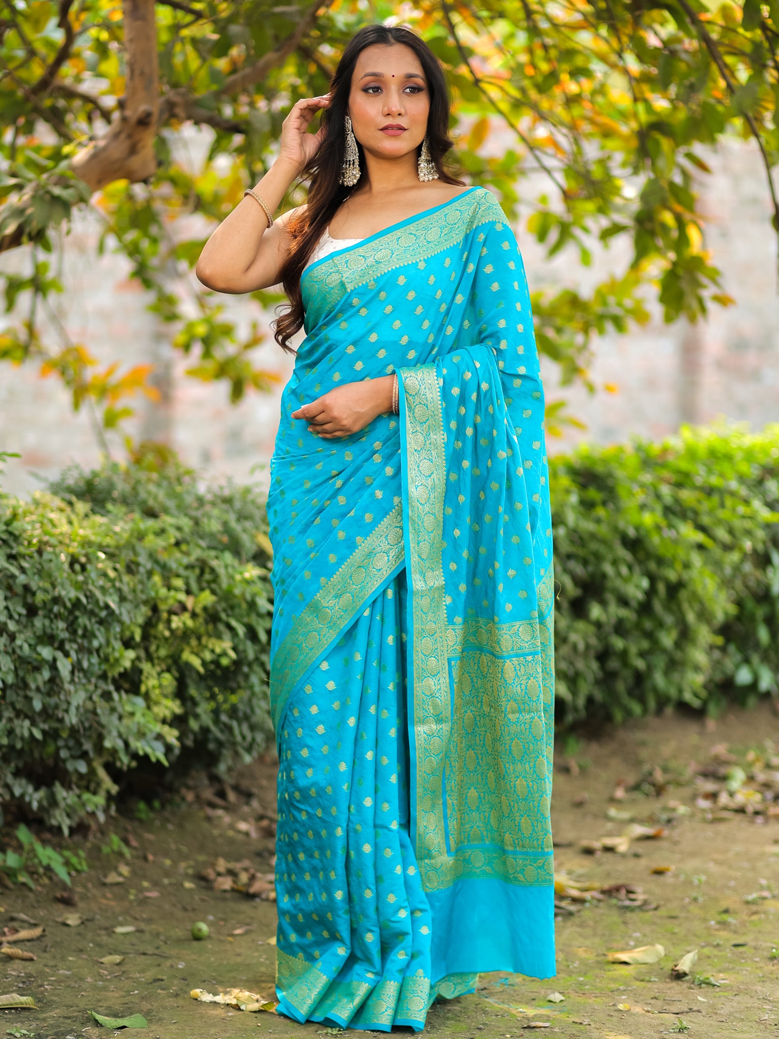 Banarasi Semi Georgette Saree With Resham Weaving- Sky Blue