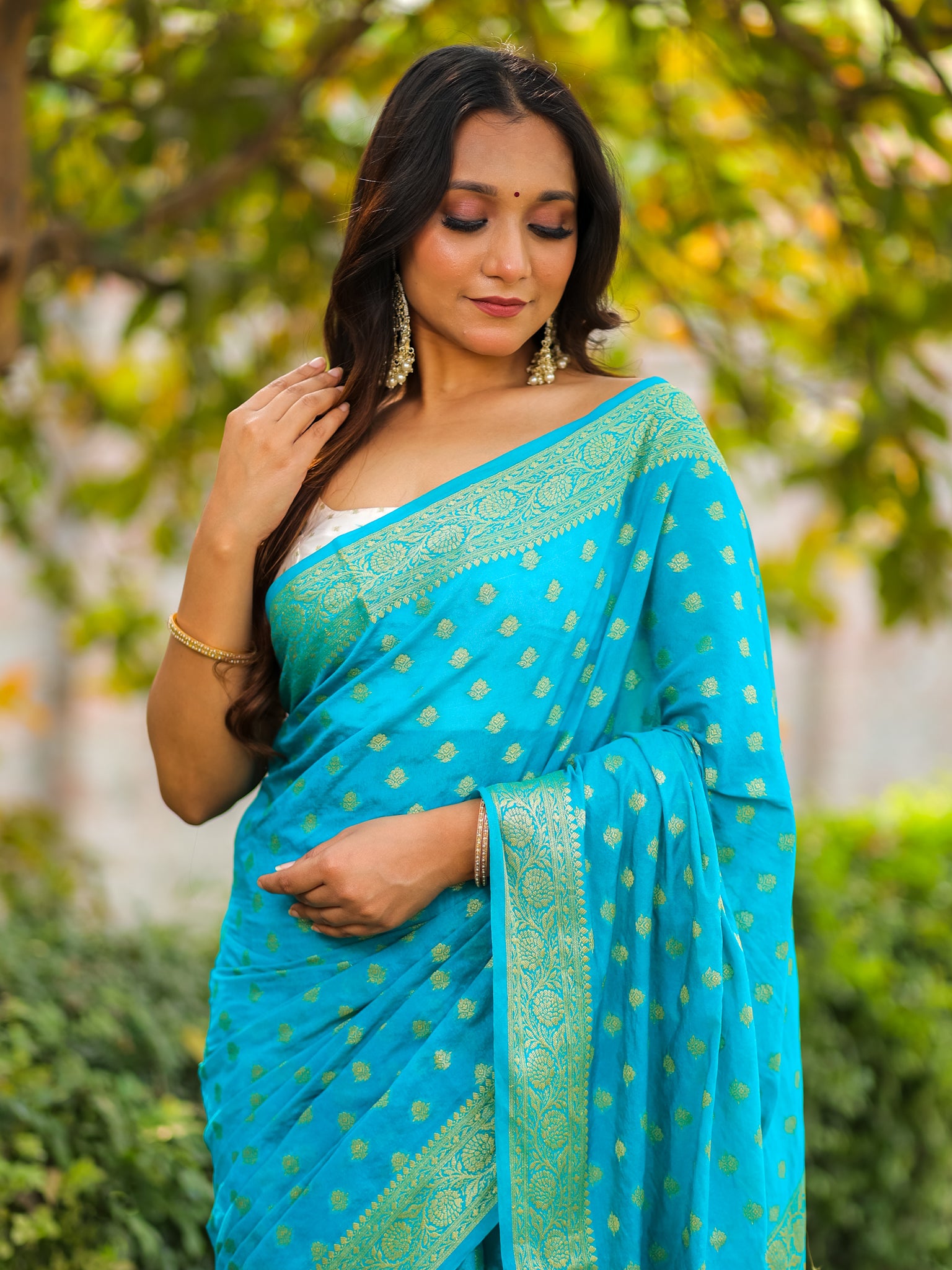 Banarasi Semi Georgette Saree With Resham Weaving- Sky Blue