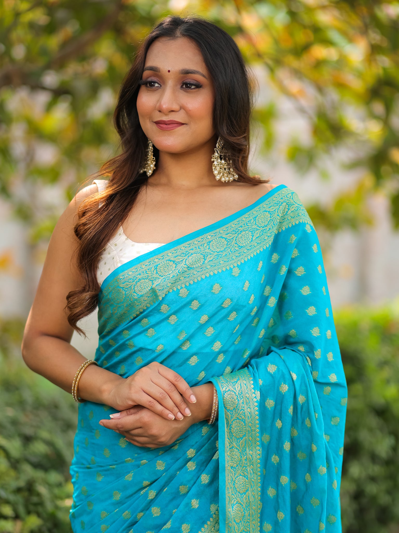 Banarasi Semi Georgette Saree With Resham Weaving- Sky Blue