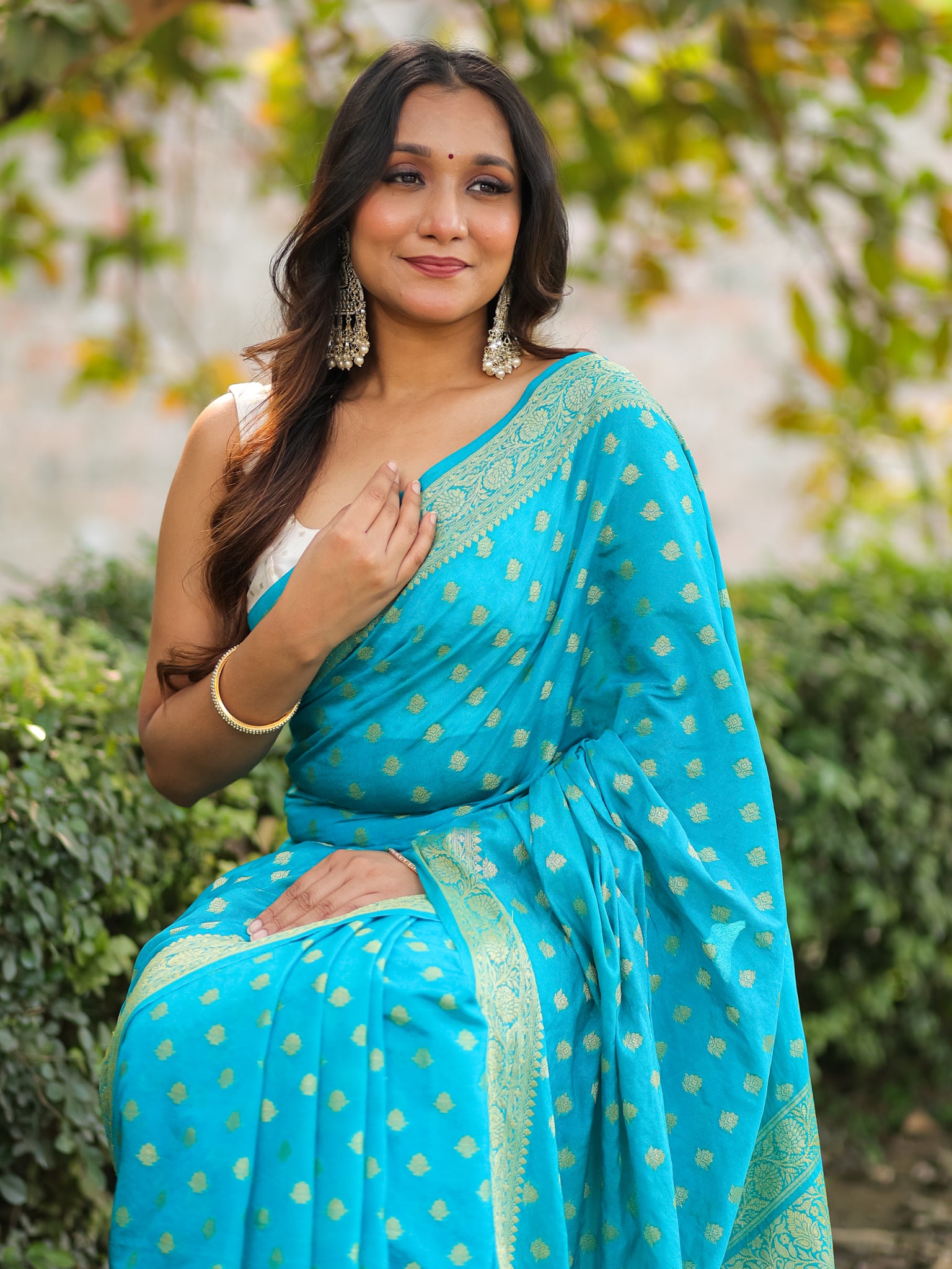 Banarasi Semi Georgette Saree With Resham Weaving- Sky Blue