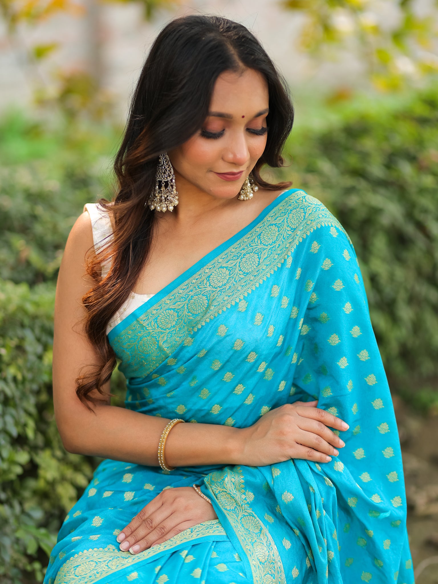 Banarasi Semi Georgette Saree With Resham Weaving- Sky Blue