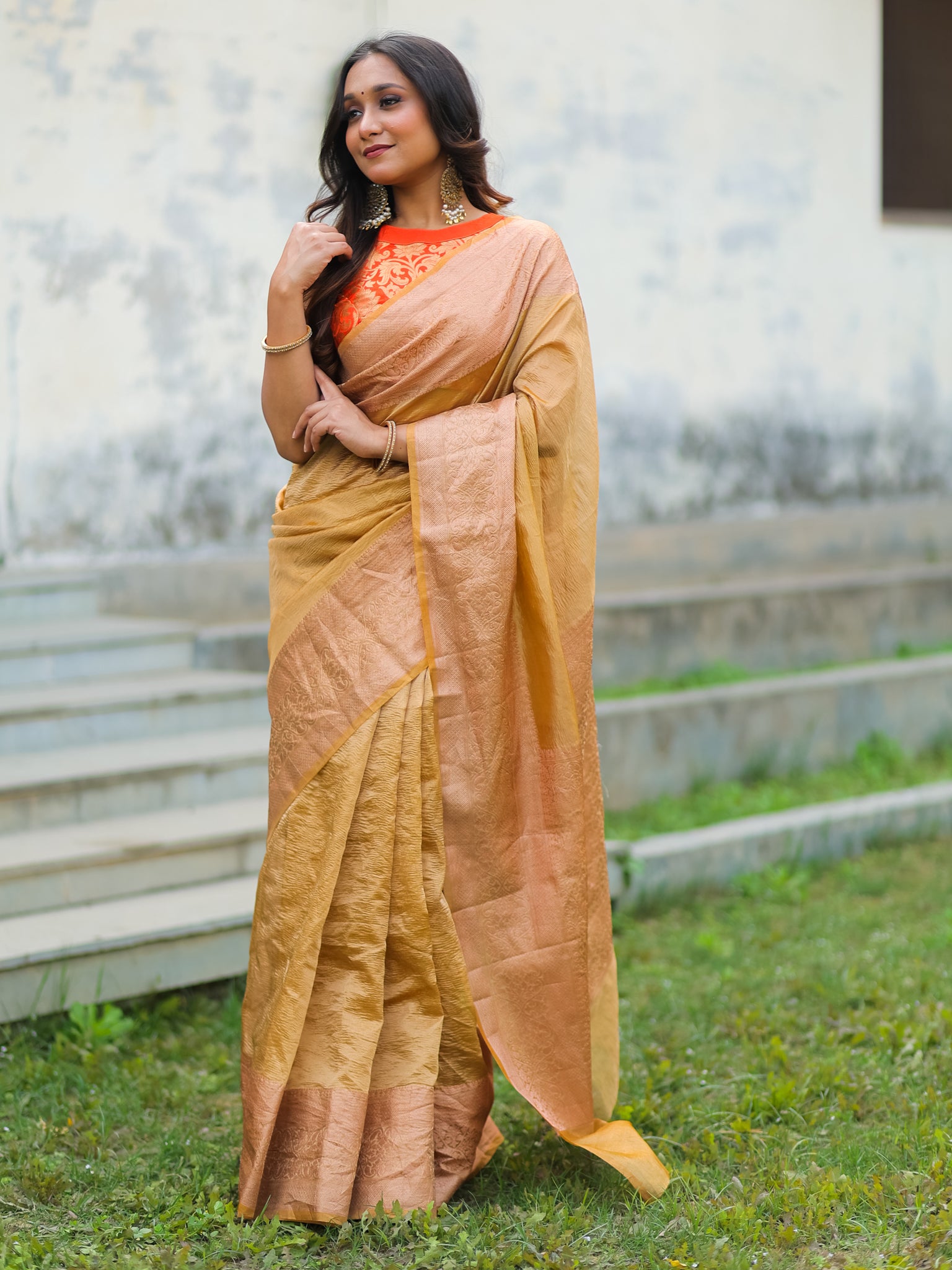 Banarasi Crushed Tissue Saree With Zari Border- Gold