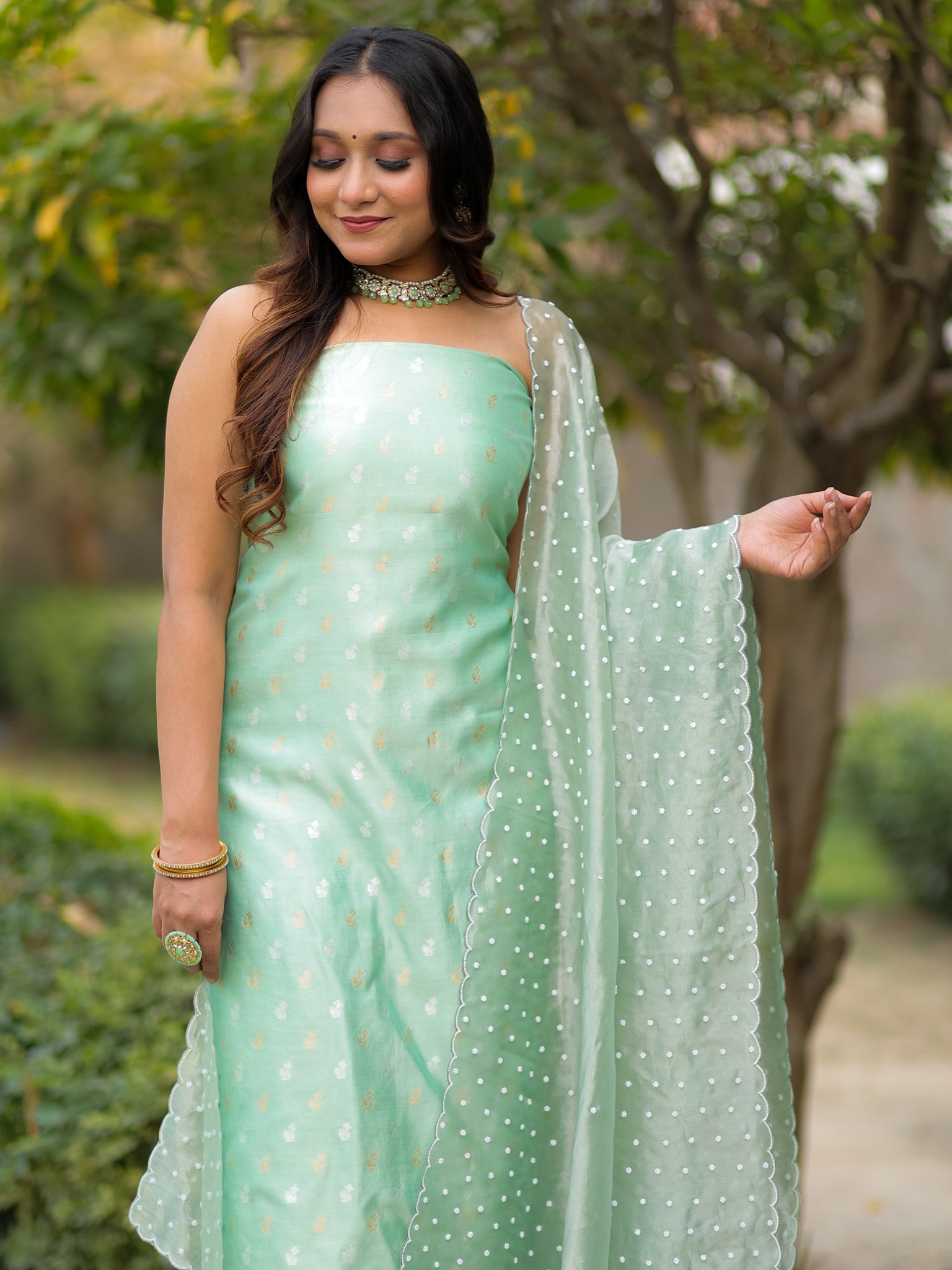 Banarasi Pure Chiniya Salwar Kameez With Tissue Handwork Dupatta-Green