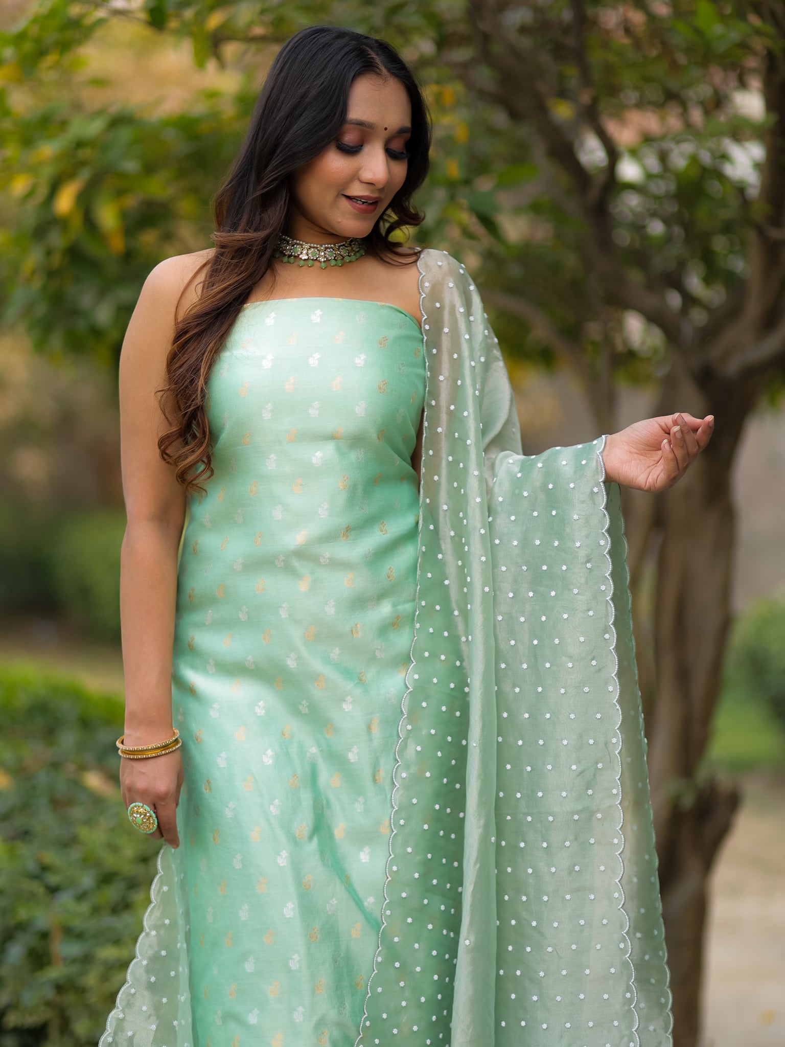 Banarasi Pure Chiniya Salwar Kameez With Tissue Handwork Dupatta-Green