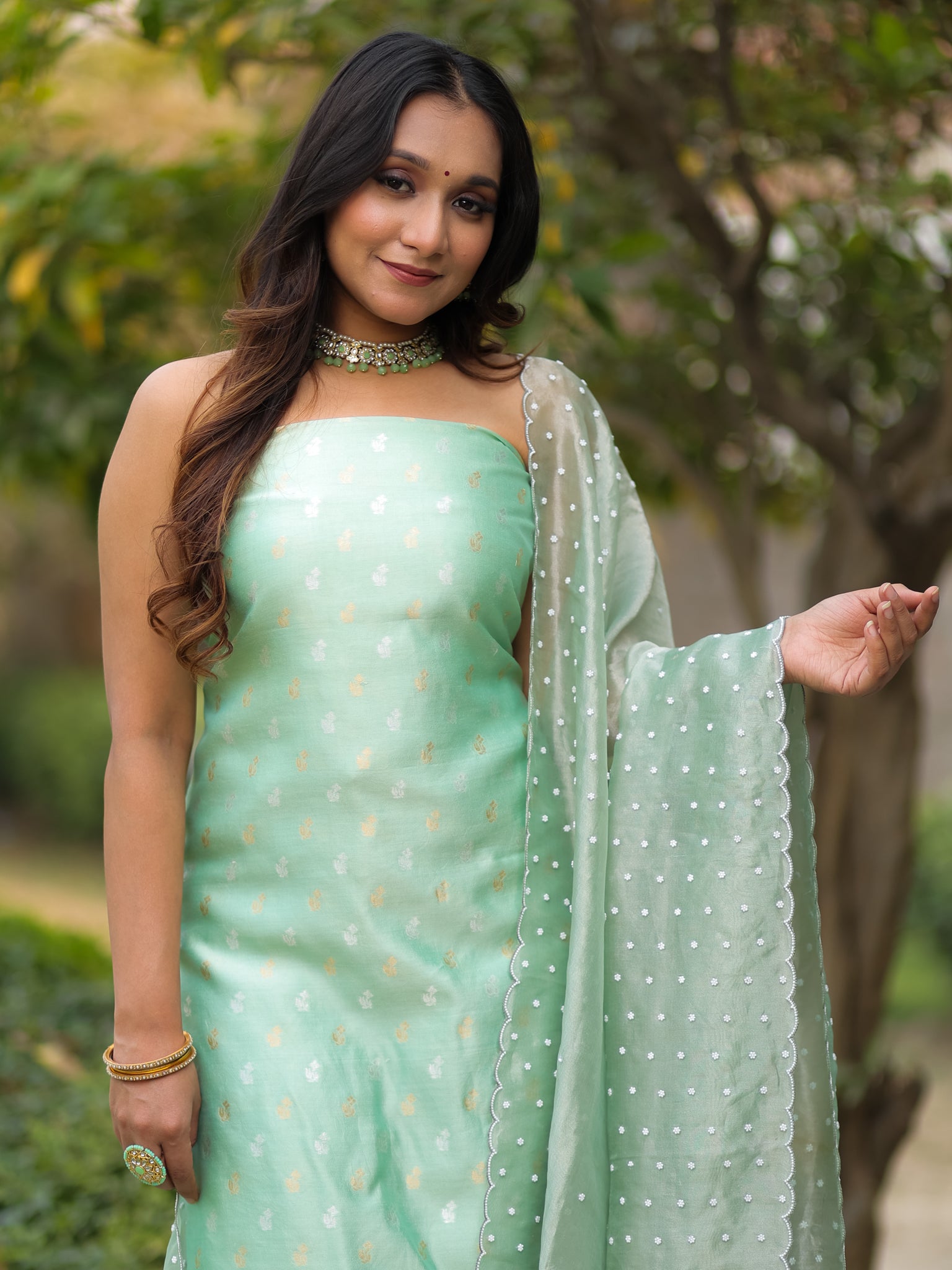 Banarasi Pure Chiniya Salwar Kameez With Tissue Handwork Dupatta-Green