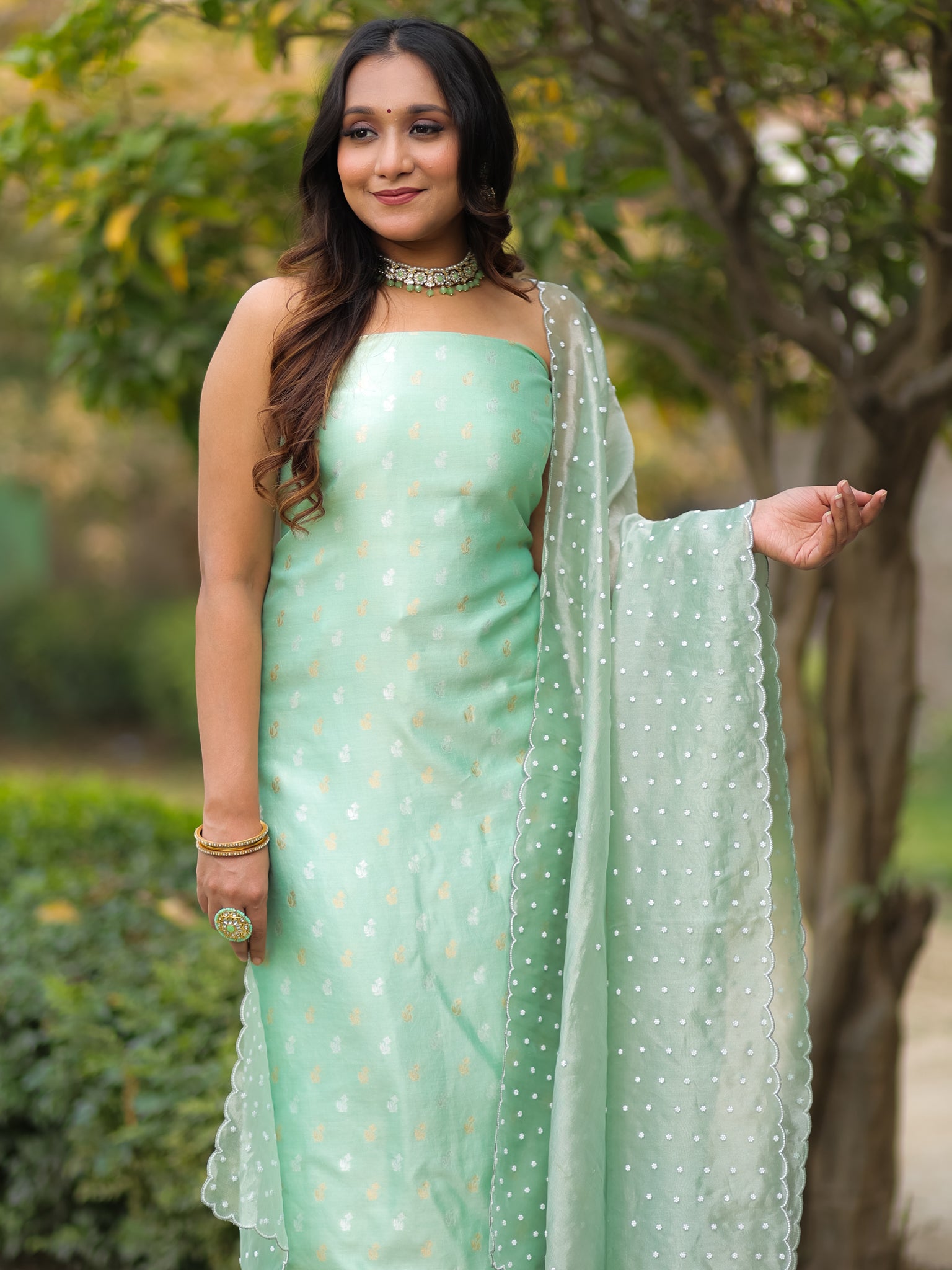 Banarasi Pure Chiniya Salwar Kameez With Tissue Handwork Dupatta-Green