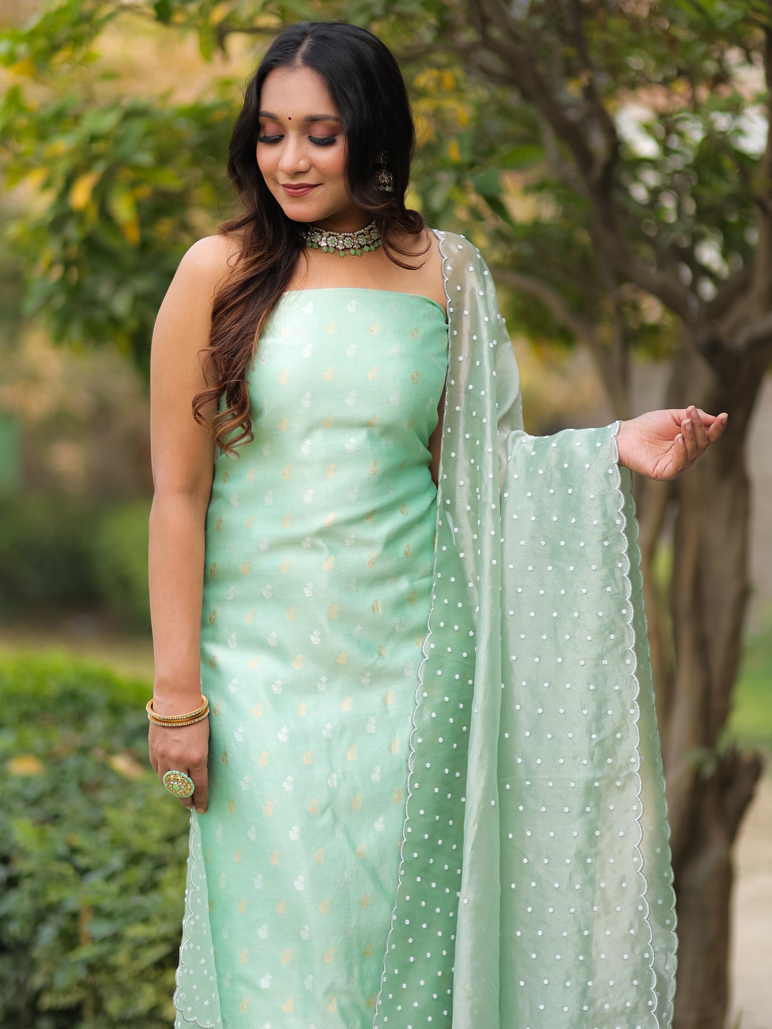 Banarasi Pure Chiniya Salwar Kameez With Tissue Handwork Dupatta-Green