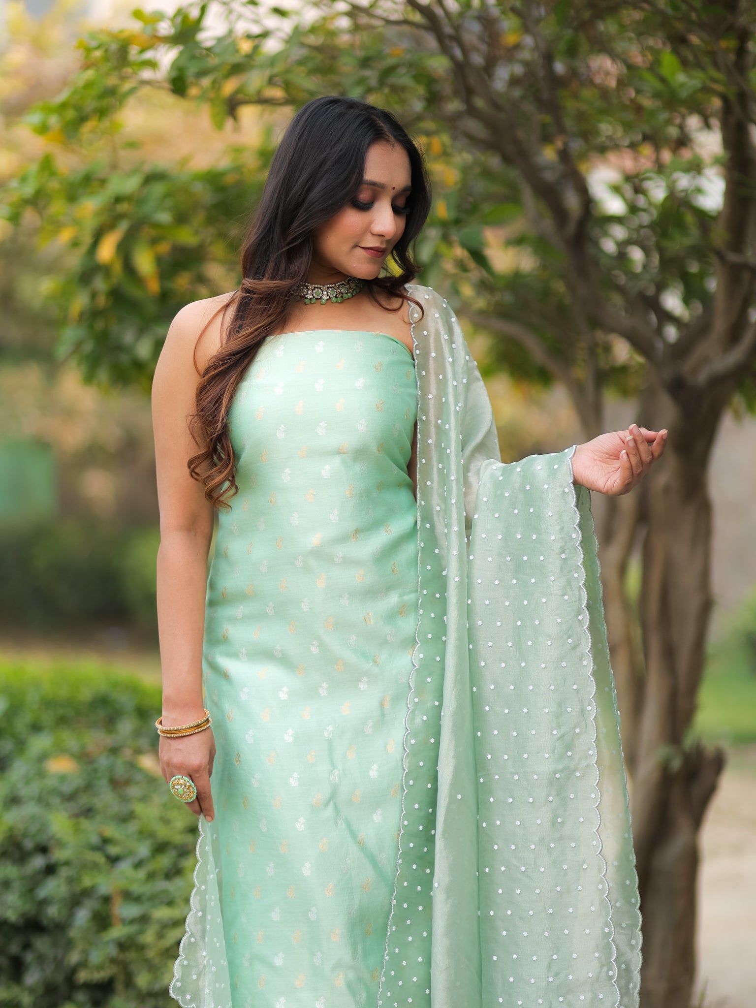 Banarasi Pure Chiniya Salwar Kameez With Tissue Handwork Dupatta-Green