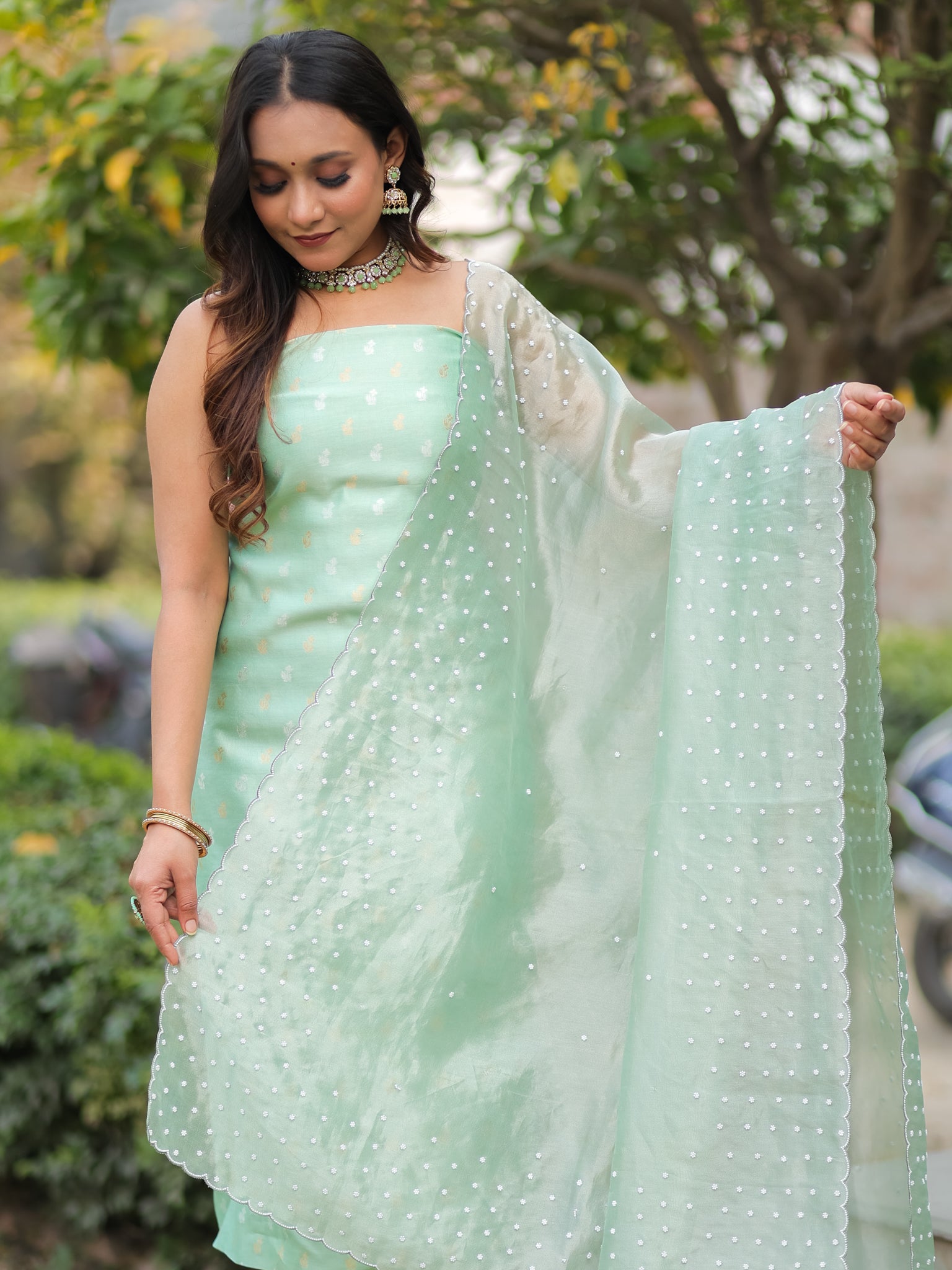 Banarasi Pure Chiniya Salwar Kameez With Tissue Handwork Dupatta-Green