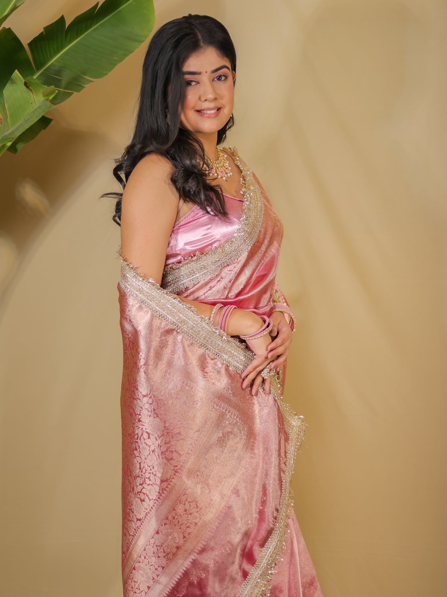 Banarasi Tissue Saree With Zari Weaving & Lace Border - Pink