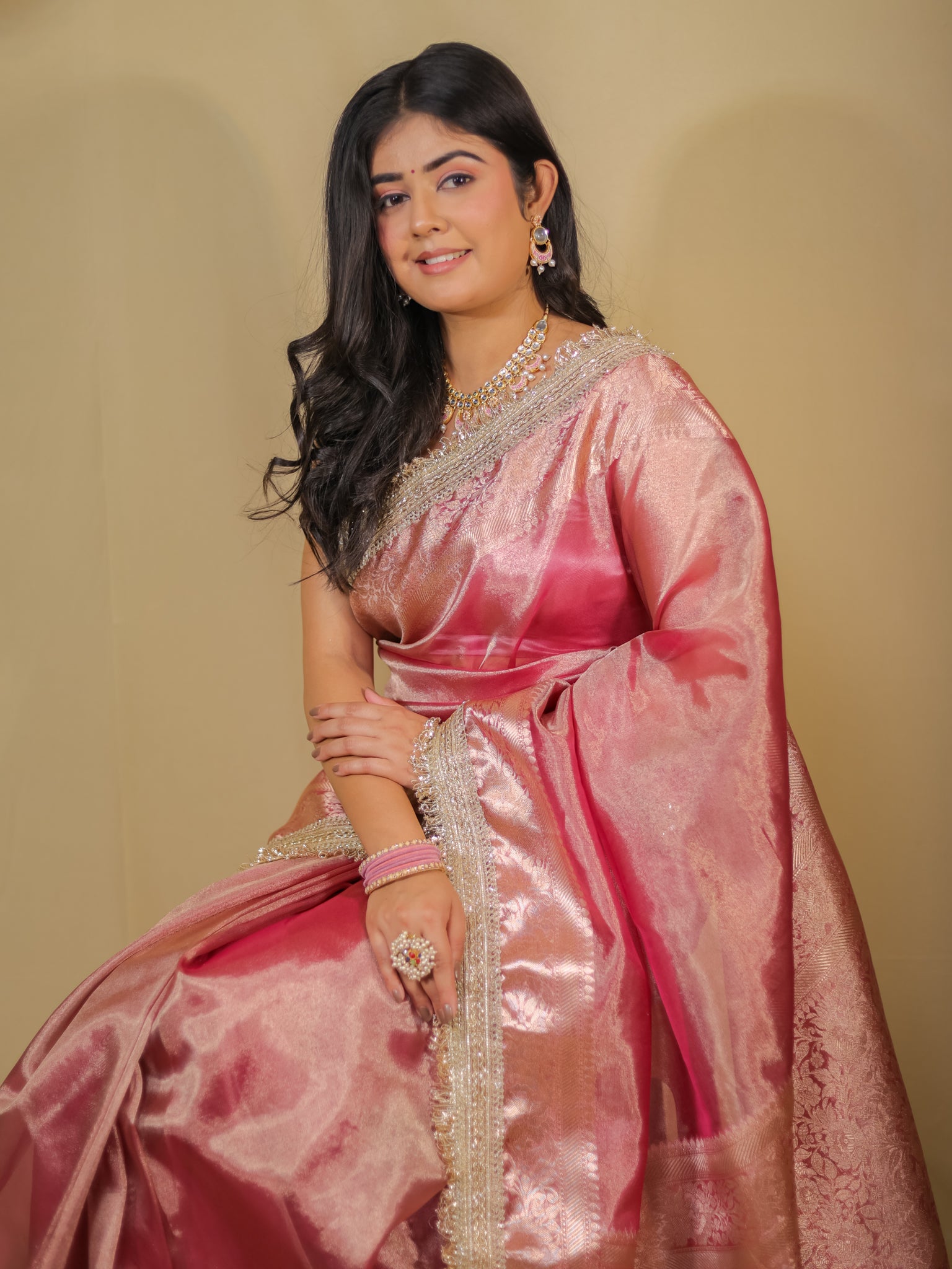 Banarasi Tissue Saree With Zari Weaving & Lace Border - Pink