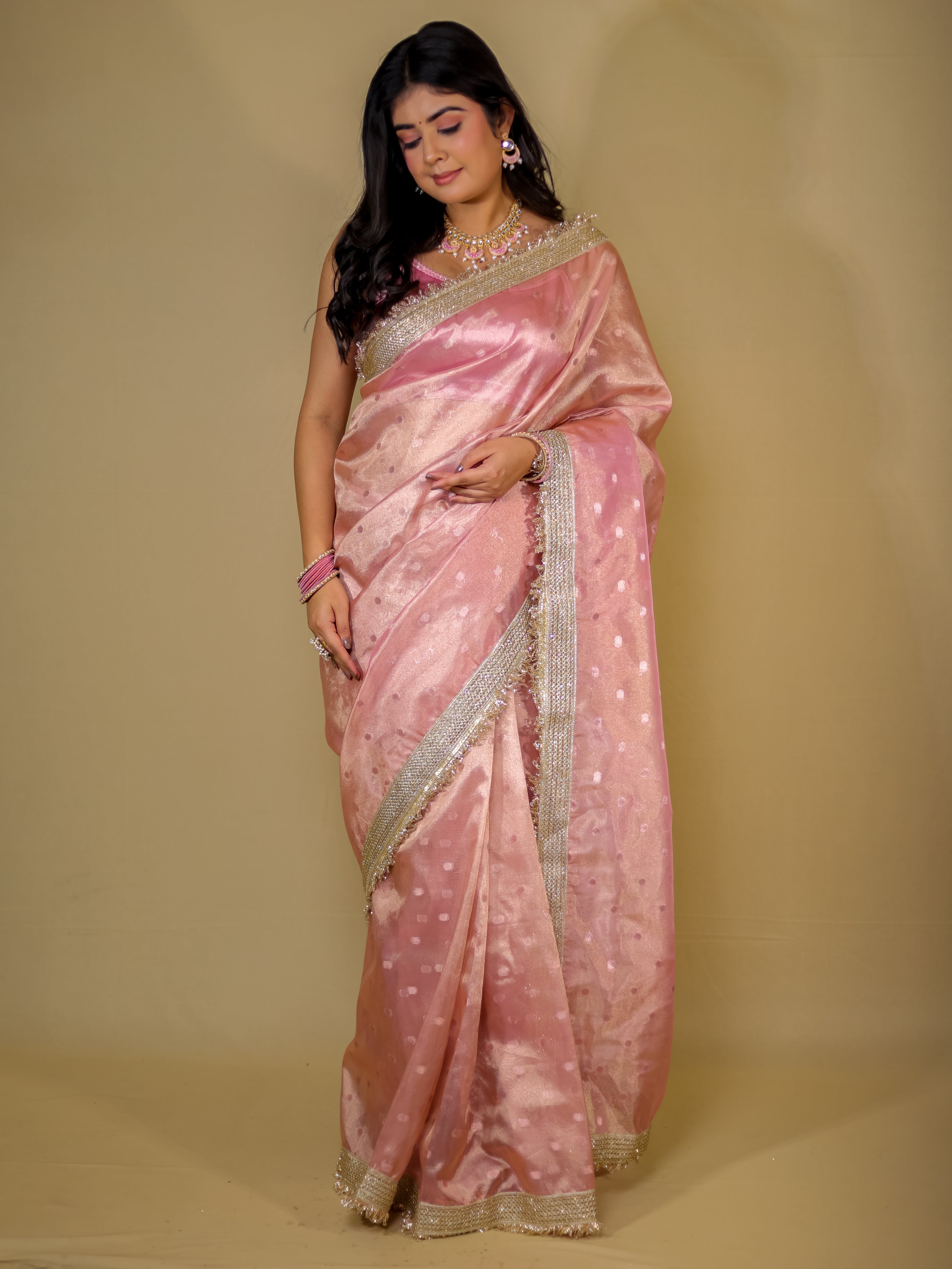 Banarasi Tissue Saree With Buti Weaving & Lace Border - Pink
